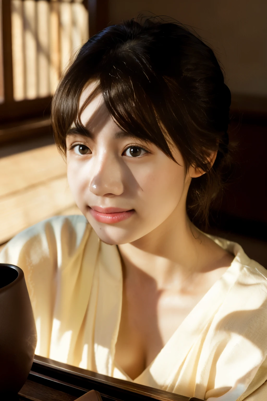 (realistic:1.3), rembrandt lighting, (table top:1.2), (realistic:1.2), (highest quality), (fine skin:1.3), (intricate details), ray tracing,1 girl, japanese girl, 21 years old, fine skin texture, (blush:0.5), Scattered beneath the surface, smile, updo hair, bangs, hair between eyes, hair ornaments, kimono, floral pattern, Wearing edgJF_kimono, Seiza (bright sunny day, autumn setting, autumn tree々々And leaves, (zen garden:1.2)