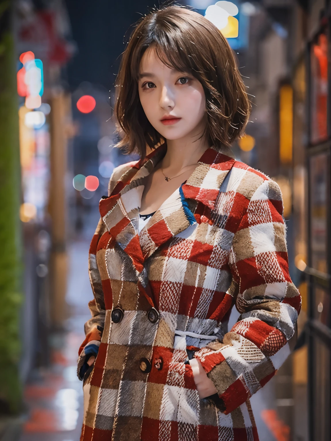 wearing red checkered long coat, Bewitching eyes, well-balanced eyes, //street snap // ((facing viewer)), //at the street, //japanese lady, pale skin, //short hair //((standing)), high quality:1.3, Professional lighting:2.0 realistic:1.2, 4k resolution, detailed skin, masterpiece:1.1, big breasts, full body,