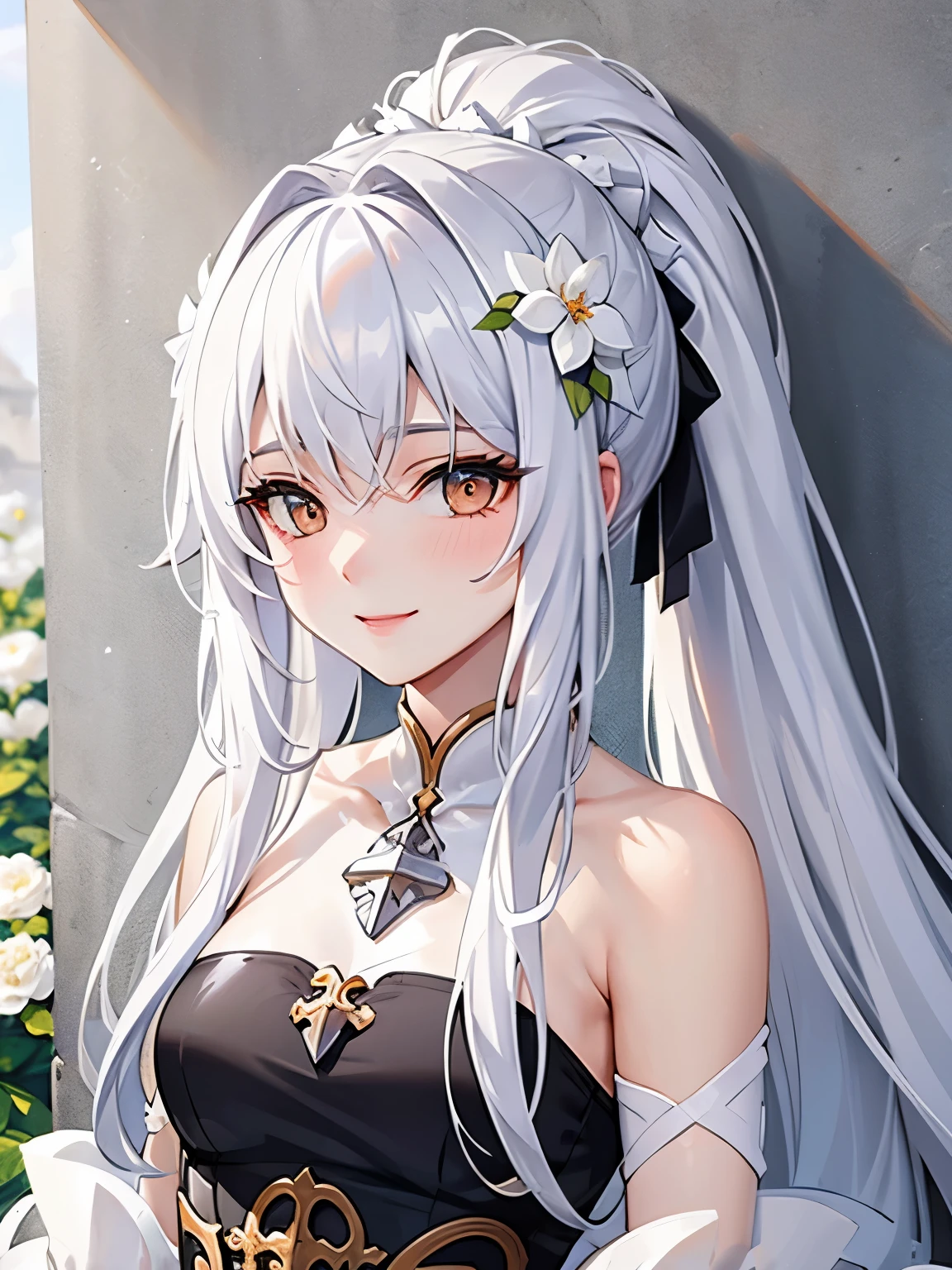 ((gray hair:1.2)),(fluffy long hair:1.3),(hair with volume:1.25),(big ribbon:1.3),(White eyes:1.4),(Eye size:1.5),(ponytail:1.3),((Knight:1.5)),(A background full of pure white flowers:1.5),((small breasts:1.2)),(color all White:1.3),((close up of face:1.3)),(focus on face:1.2),((all white palace:1.5)),((flowers all over the wall:1.5)),(The background is out of focus:1.4),((standing with a gentle smile:1.3))