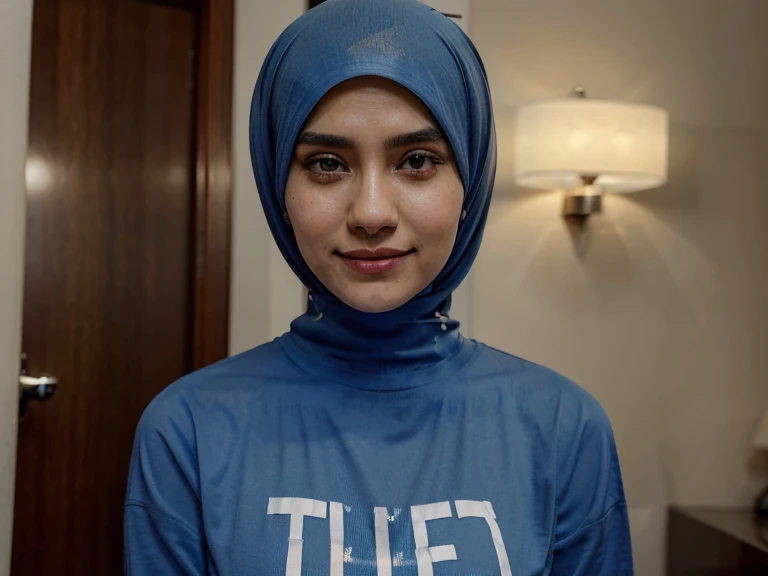 A young woman wearing a hijab wearing a transparent blue t-shirt with the letter F written in large letters on the front of her chest smiles sweetly, her gaze is full of passionate atmosphere in the hotel room