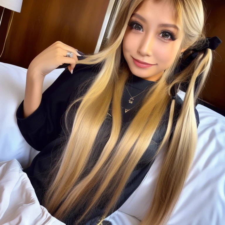 masterpiece,highest quality,taller than, Asian,(brown race),black skin,blonde hair,1 girl,ticker,panty lift,long twin tail,on bed