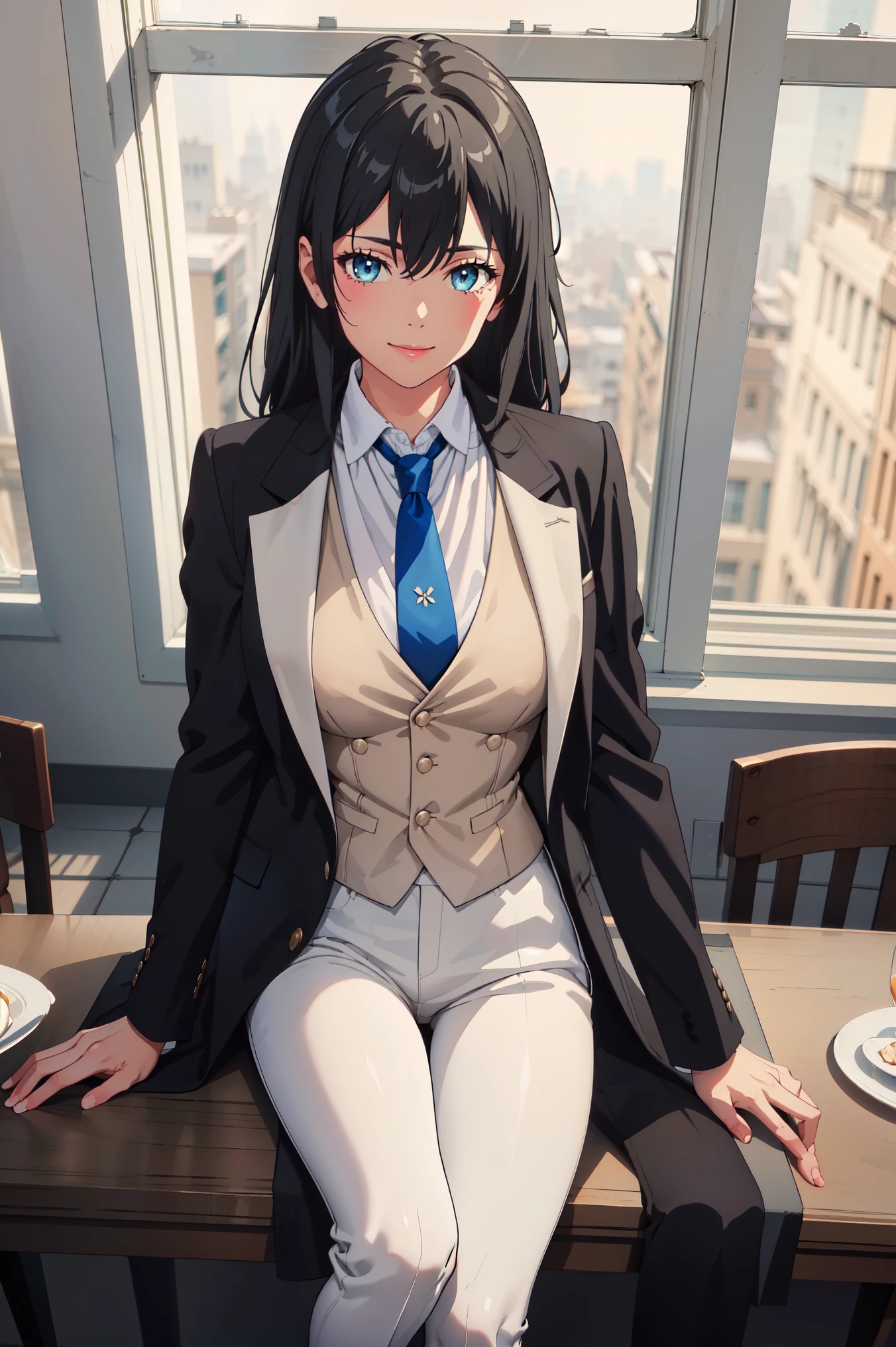 masterpiece, best quality, highres, , 1girl,((best quality)), ((masterpiece)), (detailed) 1girl 1girl, ;\), blurry, blurry_background, breasts, , hair_long looking_at_viewer, ok_sign, open_hand, Yukinoshita Yukino ,Woman wearing formal clothes, An attractive coat sitting on chair in the room , 1girl, 独奏, blue necktie, Black hair, eyes blue, long hair, smile , collared shirt, white pants, white shirt , Elegantly designed coat , Stand in front of a window ,Perfectly tailored tailcoat. It has a stunning Victorian design and is made of lustrous fabric , full body ,tailcoat butler suit, elegant pose, serene expression, flowing long hair, soft lighting, pastel color palette, detailed lace and embroidery, realistic portrait, fine brushwork, delicate facial features, captivating eyes, graceful gestures, refined atmosphere, vintage decor, polished silverware, elaborate floral arrangement, polished marble floors