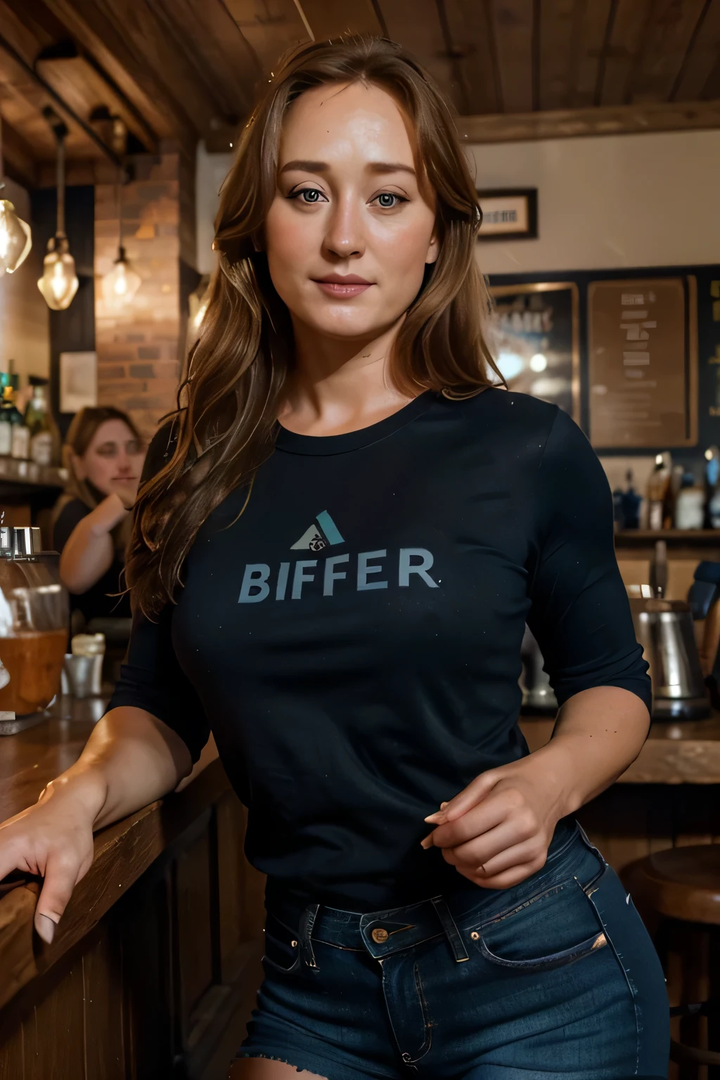((Jennifer Ehle)), Photorealistic beautiful barista, Detailed face, dark blonde hair, smile, dark blue eyes , jeans tight shorts, perfect makeup, inside a pub, Detailed background, Perfect Lighting, depth of fields, Beautiful shadow gradient, (freckles:0.5)