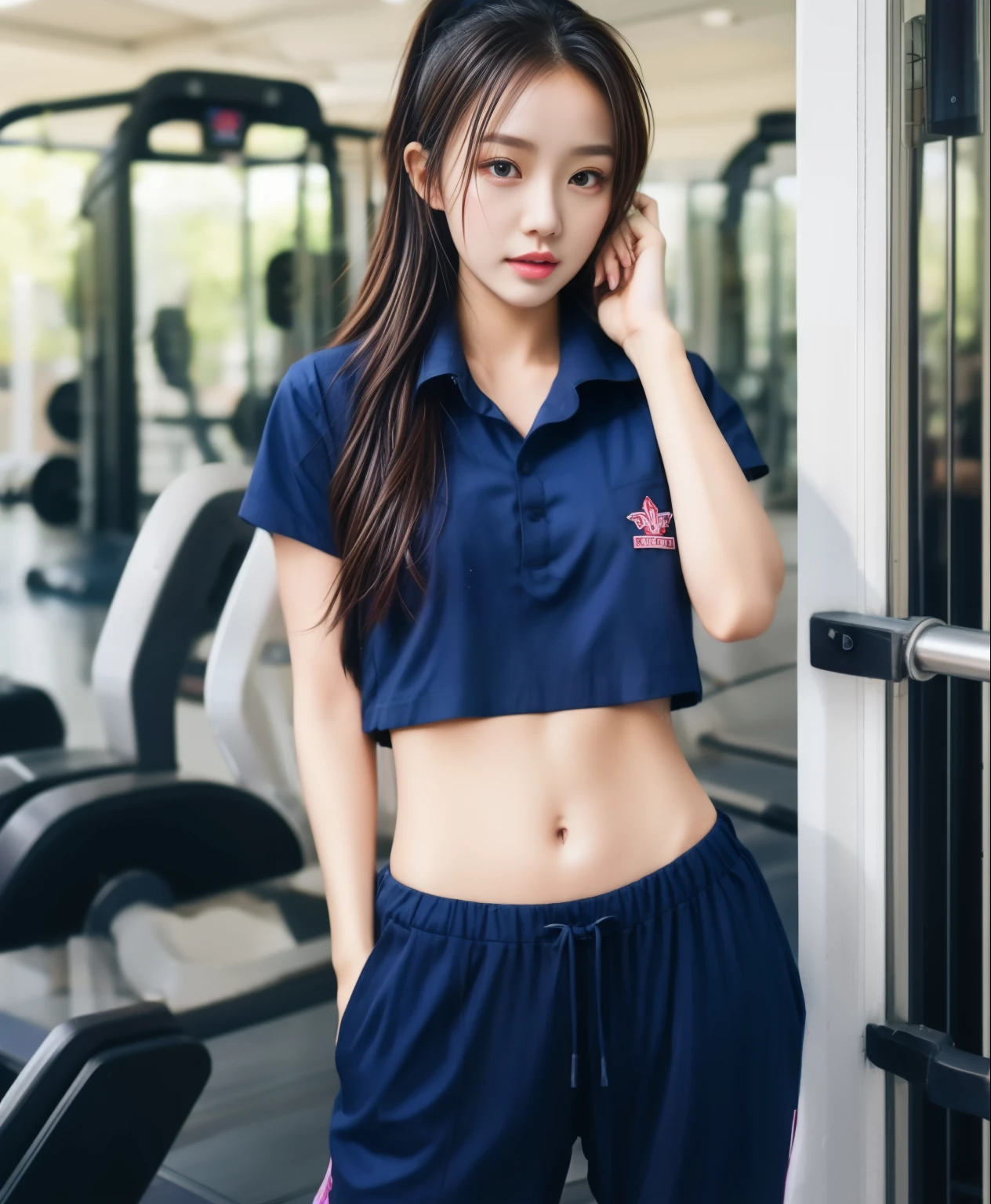 3 girls in fitness center, Navy blue short-sleeved shirt,Navy Long Trackpant,Sweatpants, Sweatpantsขายาว,25 year old girl, lesbian, sexy, exercise clothes, wet body, exercise clothes