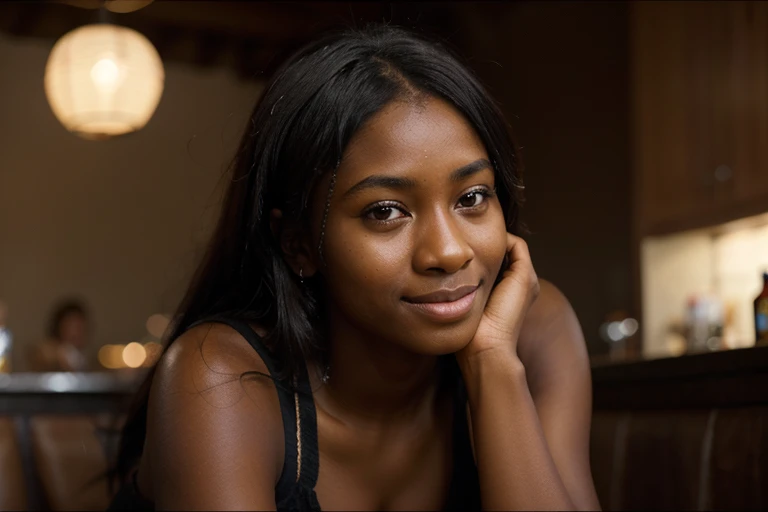 Young African girl, dark complexion, combed hair, gorgeous, broad smile, sitting in a bar, handmade decoration, play of lights, one croissant and one half croissant, downlighting and backlighting, dramatic and expressive background, RAW color, ray tracing,| cinematic shot photographed with a DSLR, 80mm lens, shutter speed 1/100 sec, ISO 150| super detailed, hyper photorealistic