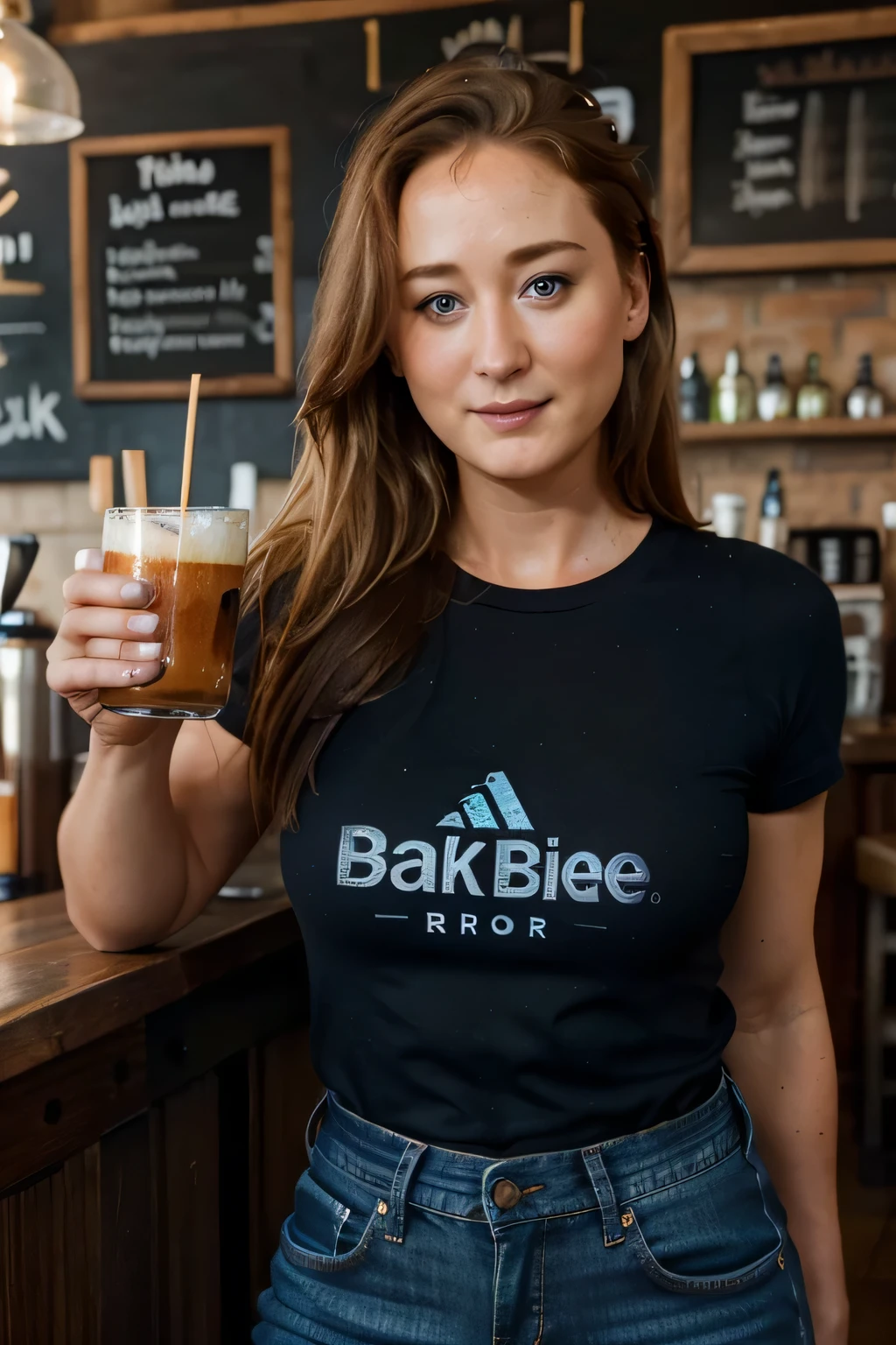 ((Jennifer Ehle)), Photorealistic beautiful barista, Detailed face, dark blonde hair, smile, dark blue eyes , jeans tight shorts, perfect makeup, inside a pub, Detailed background, Perfect Lighting, depth of fields, Beautiful shadow gradient, (freckles:0.5)