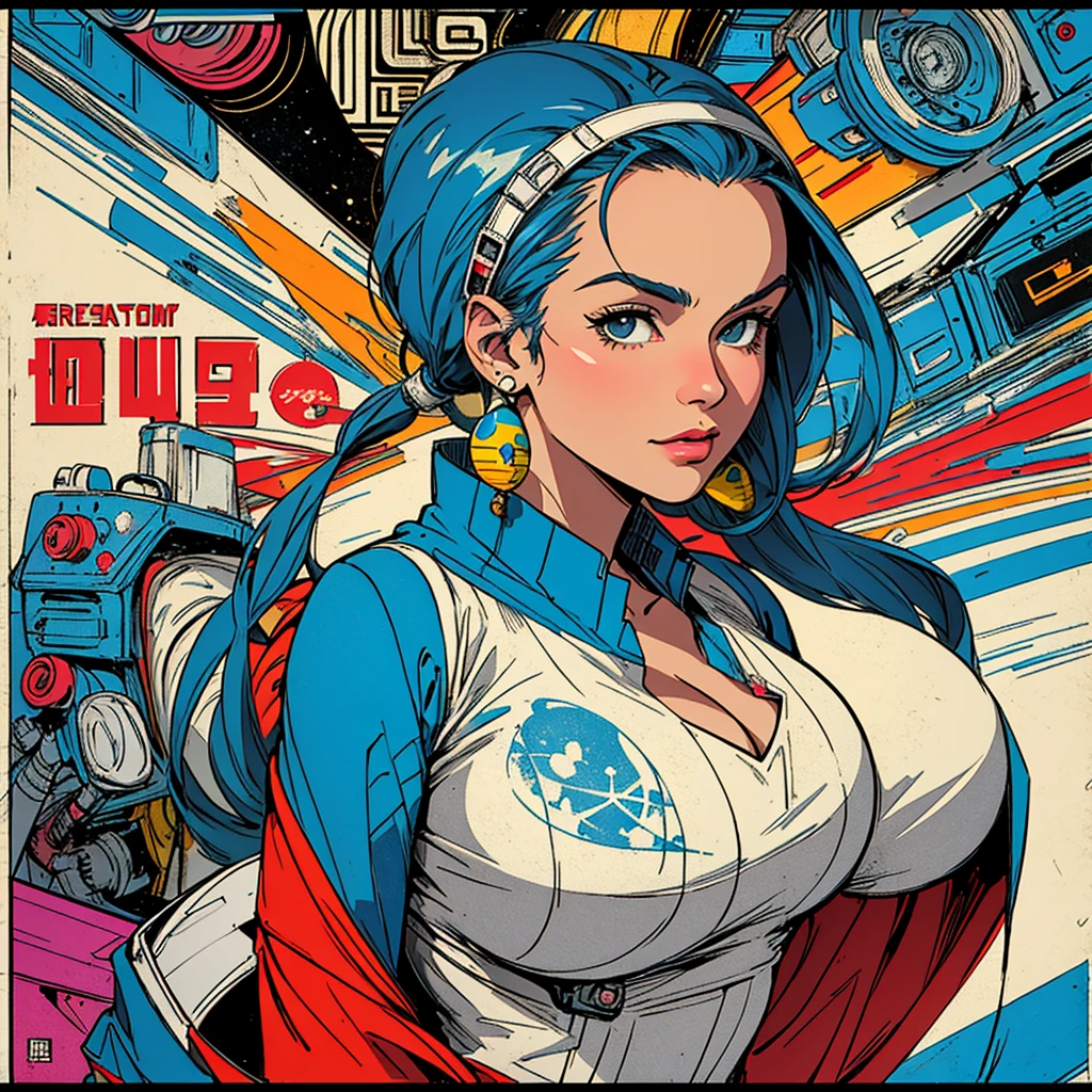 (((highest quality))),masterpiece,1 woman,((the perfect person)),((Super beautiful woman)),detailed perfect face,retro,vintage,classic,60's,70's,80&#39;s,old movie posters,abstract,((スペーススリラーmovie poster)),(Futuristic),Geometric pattern,very delicate,movie poster_white frame,universe,Milky Way,planet,,propaganda,universe飛行士,breast enhancement,simple,(big breasts),(cleavage),cyber punk,American comic,anime,