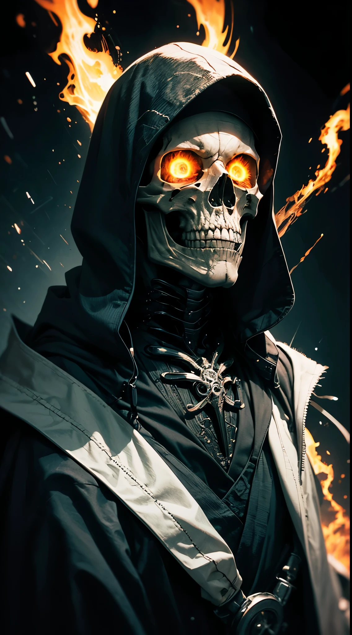 hood, skull, skeleton, solo, 1boy, male focus, fire, robe, hood up, cloak, upper body, copyright name, black background,skull face,skull tattoo on facezdeath,soul,soul reaper , holding a syth,syth welder
