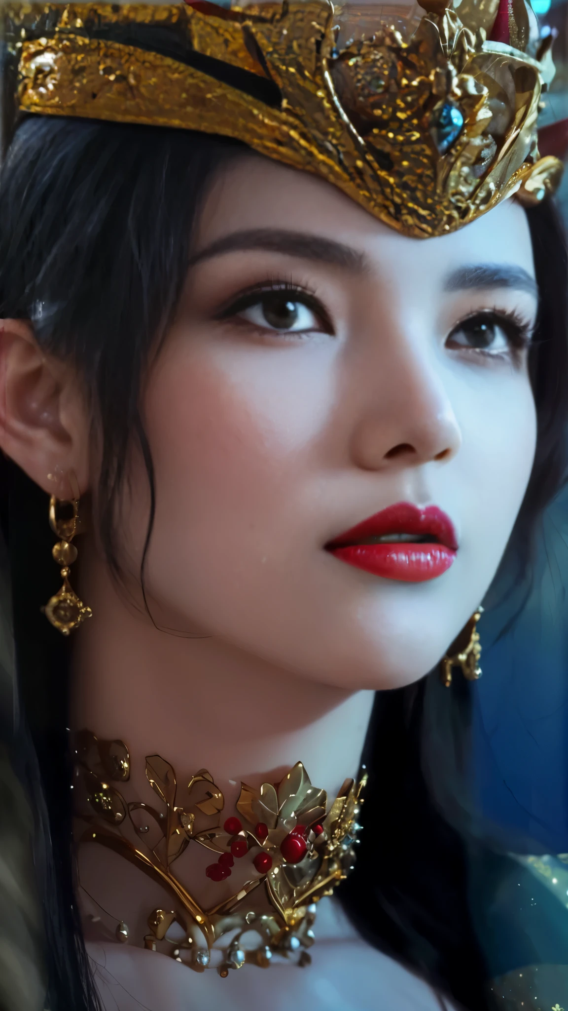 a close up of a woman with a gold crown on her head and red lips
