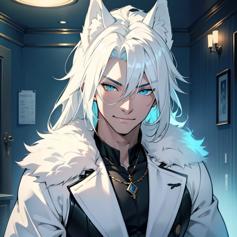 NSFW, a furry male Samoyed with piercing blue eyes, wearing sleek and vibrant cyan boxers and a matching bracelet. The Samoyed's muscular build is on full display, with a hint of a smirk playing at the corners of his mouth. His fur is immaculately groomed and shiny, adding to his allure. The setting is dimly lit, creating an intimate and seductive atmosphere. The Samoyed's gaze is intense and focused, locked on the viewer with an air of confidence and desire.