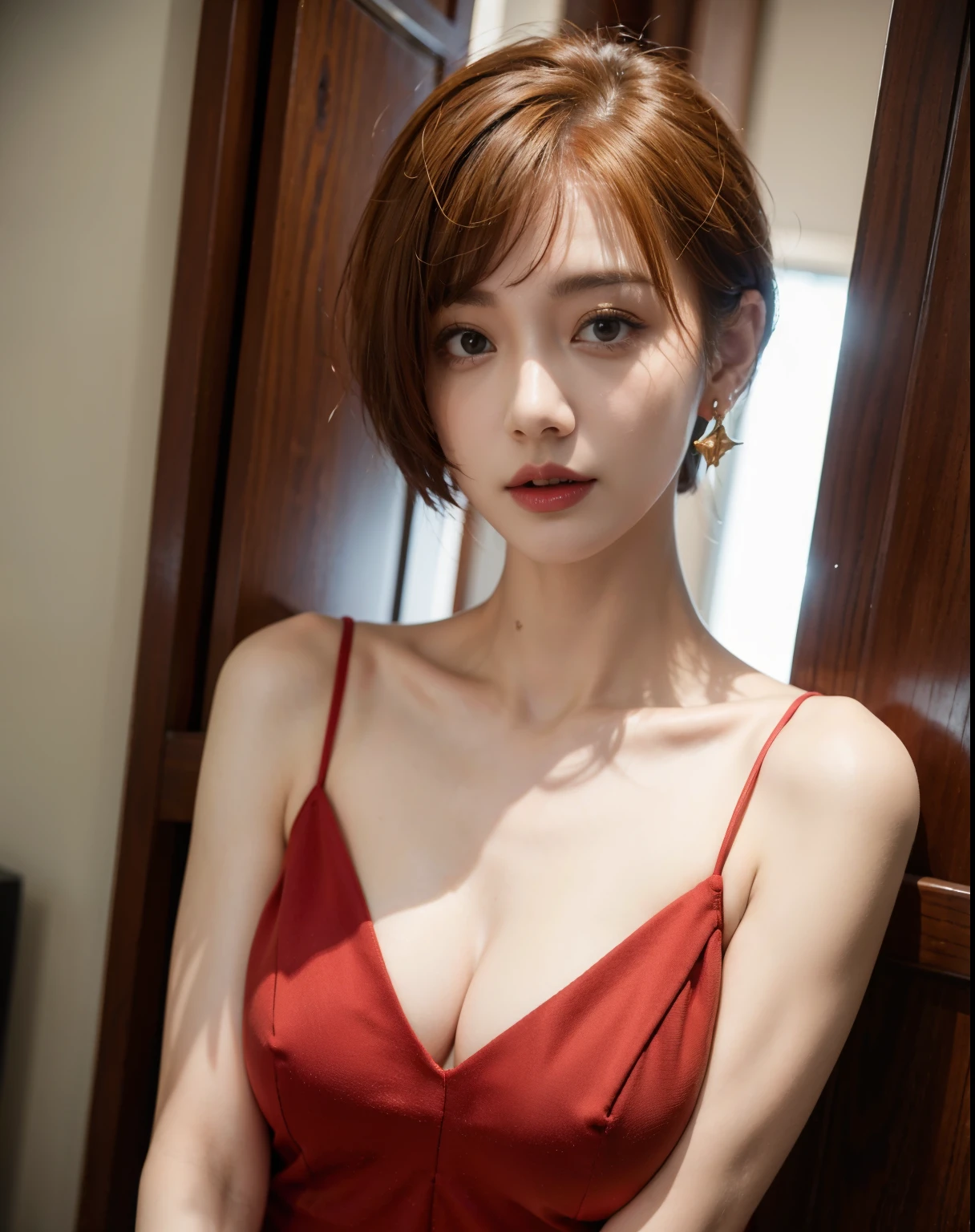 1 girl, reba, alone, earrings, jewelry, short hair, upper_body, Wacky angles、