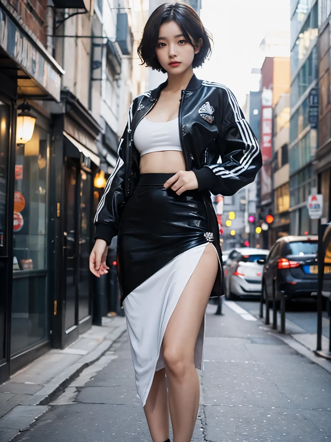 wearing adidas black track jacket, wearing long skirt, kawaii, Bewitching eyes, well-balanced eyes, //street snap //fashion model posing, ((facing viewer)), //at the street, //japanese lady, pale skin, //short hair, //((standing)), high quality:1.3, Professional lighting:2.0 realistic:1.2, 4k resolution, detailed skin, masterpiece:1.1, big breasts, fullbody,