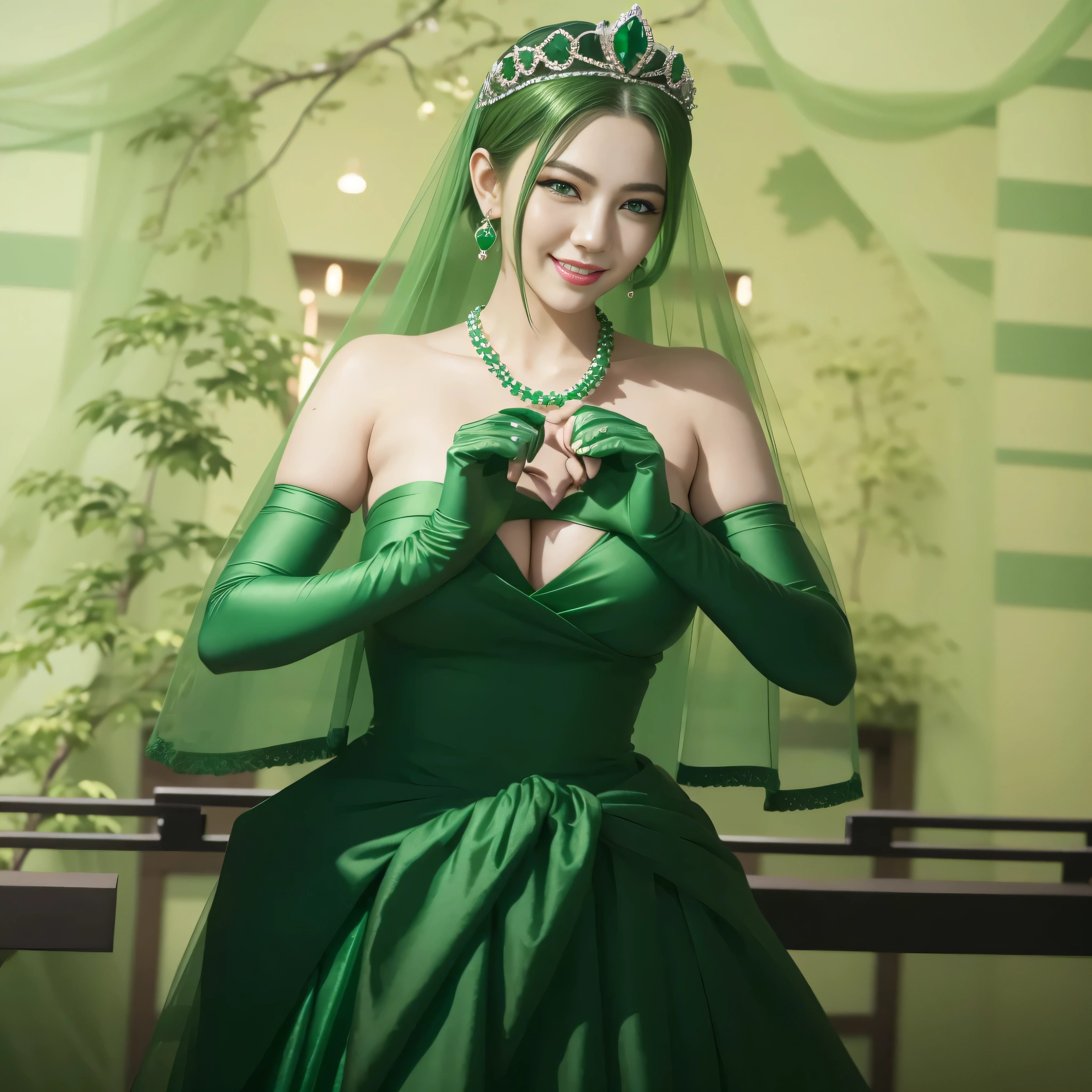 emerald tiara, green pearl necklace, ボーイッシュな非常に短いgreen hair, lipstick, smiling Japanese woman, very short hair,  Beauty with large breasts, green eyes, Long Green Satin Gloves, green eyes, emerald earrings, green veil, heart with both hands, green hair