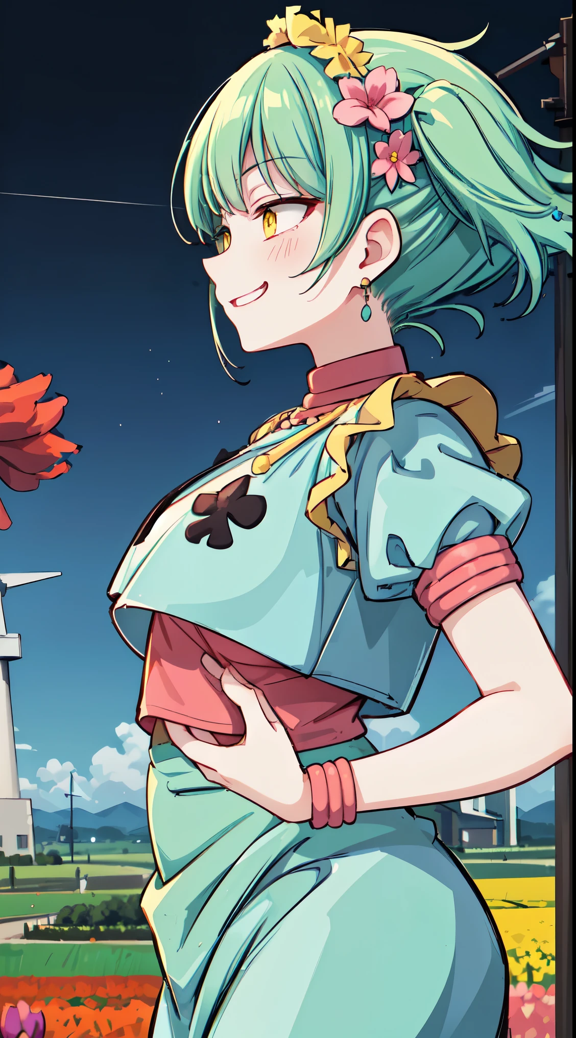 (super fine illustration:1.2),(masterpiece, 8k), (best quality, high quality:1.4), perfect anatomy, hyper detailed, ultra detailed,masterpiece background,beautiful detailed background, v8k wallpaper,perfect design,award-winning art,atmospheric,
BREAK, 1 beautiful girl, ( girl),alone,(cute:1.5),(Little:0.6),(cute:1.5),(change:0.5),break, :d, (twin tails, green hair, horn, long hair:1.35), (yellow eyes, double, slanted eyes:1.45), blush, double teeth, ((D cup breasts))), heart, sight, maid, /maid dragon/, dragon tail, (long eyelashes, double eyelids, thin eyebrows:1.2), alone, glowing skin, beautiful skin, beautiful skin, (highest quality face), (highest quality slanted eyes), maid outfit, gloves, open your mouth, short sleeve, smile, white gloves,(The best smile,smug face:1.45),
BREAK, ((Netherland's folk costume)),(((Volendam's folk costume))),((clogs,klompen)), smile,
Horizon, (Netherlands), (tiara, necklace, earrings), (flower crown, flower head, side flower head, flower hair ornament:1.5),
BREAK ((Volendam,windmill,)),((tulip field)),bkuesky,sunlight,morning,(nipple:0.8),
BREAK,wakame,wakame,wakame,(cowboy shot,from side,dynamic pose:1.5)
BREAK,(Blurry background:1.3),(absurderes, hight resolution, Super Detail Art),cel shading,Clear Color, Lonely optical effect, Beautiful pictures, Bright glow, mystic atmosphere,(Close-up of girl:0.4), Mystical light particle effect,manga influence, clean line drawings,