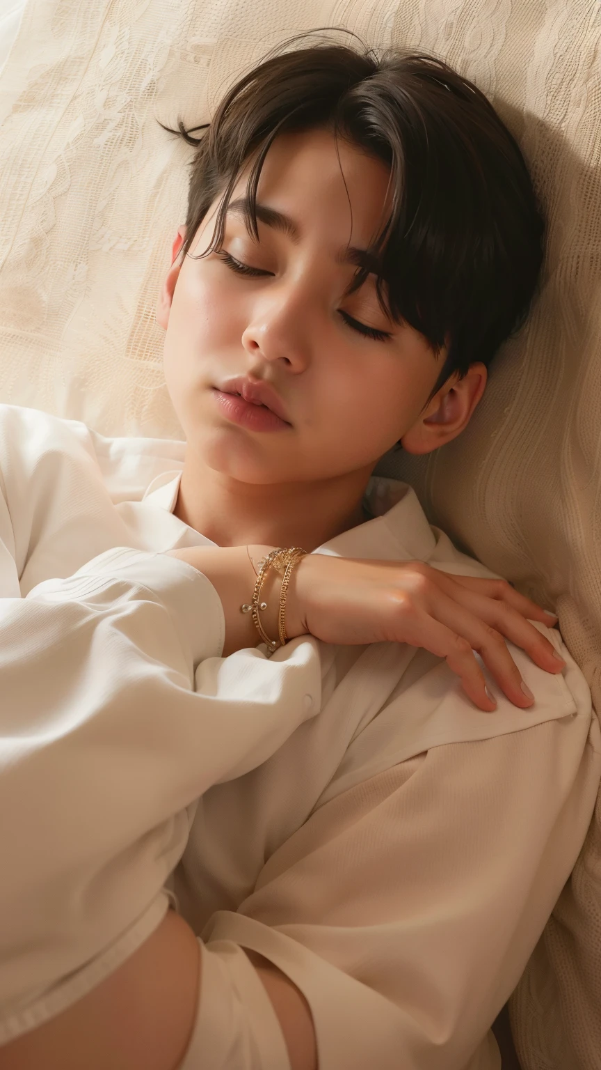 Boy asleep on a bed with his eyes closed and his hands crossed over his torso in a dark room and dressed in a white shirt. Jungkook principe dormido