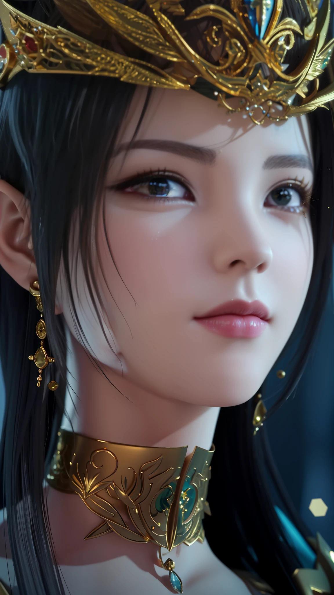 a close up of a woman with a gold crown on her head, she has elf ears and gold eyes, beautiful character painting, cinematic goddess close shot, hyper realistic anime, 3 d anime realistic, anime realism style, 8k artgerm bokeh, stunning anime face portrait, elven character with smirk, realistic anime 3 d style, anime realism