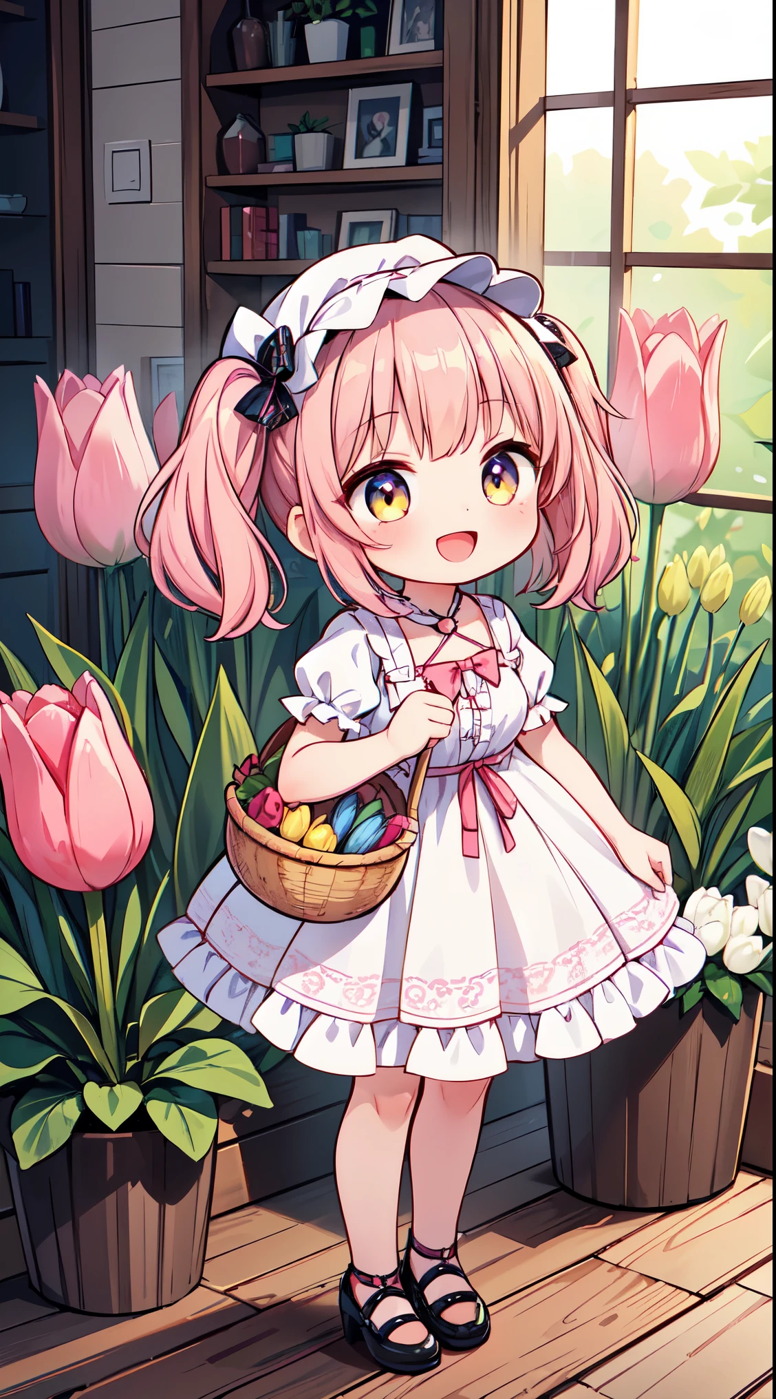 (super fine illustration:1.2),(masterpiece, 8k), (best quality, high quality:1.4), perfect anatomy, hyper detailed, ultra detailed,masterpiece background,beautiful detailed background, v8k wallpaper,perfect design,award-winning art,atmospheric,
BREAK, 1 beautiful girl, Solo,(Cute:1.5),(Chibi:0.8), (kawaii:1.5),(:0.5), BREAK, (girl, Cute, Cheerful, face, medium breasts:1.2),(Pink hair,disheveled short twin tails,tareme,Gold eyes:1.2),gleaming skin,Clear skin, cleavage of the breast,Beautiful , gleaming skin,Clear skin, Beautiful skin,( A smile:1.5),(best quality face),(Top quality glowing eyes),(The best smile,:D:1.45),
BREAK, wearing a pink and white lace dress and holding a basket of flowers,in the style of anime influenced,light gold and purple,vintage academia,oshare kei,intricate patterns and details,multidimensional layers,rococo style,bonnet,bouquet,bow,curly_hair,dress,flower,frills,holding,jewelry,ta_fashion,petals,pink_dress,pink_flower,pink_rose,puffy_sleeves,rose,shoes,window,
high heels,
white cat in bucket,
BREAK ((Volendam,windmill,)),((tulip field)),bkuesky,sunlight,morning,
BREAK,wakame,wakame,wakame,(looking up,from front ,full body shot:1.5) ,
BREAK,(Blurry background:1.3),(absurderes, hight resolution, Super Detail Art),cel shading,Clear Color, Lonely optical effect, Beautiful pictures, Bright glow, mystic atmosphere,(Close-up of girl:1.1), Mystical light particle effect,manga influence, clean line drawings,