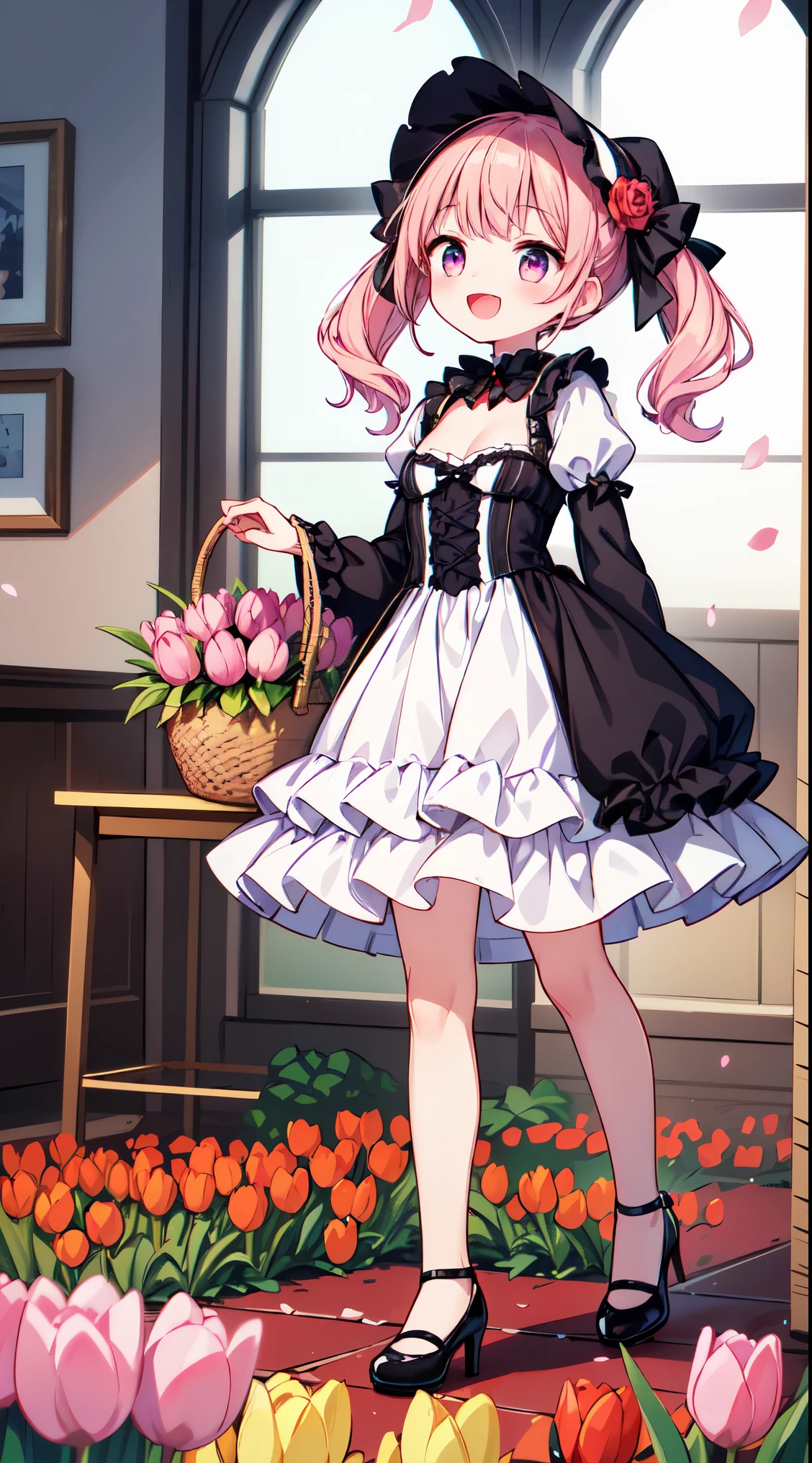 ​master piece, hyper quality, Hyper Detailed, Perfect drawing,Hi-Res、1girll,Loose and fluffy hair、drills twintails、A pink-haired、Big eyes with double eyelids、lofty nose、blusher(0.2)、small mouth、ear piercings、Lolita Fashion、Clothes with lots of lace and frills、a miniskirt,knee high socks(:1.5),(garterbelts)、(((Wrapped、With ribbon、Holding a large bouquet))), butt sticks out, Big round buttocks, Standing figure, ((Panties are visible)), (((Luxury panties)))((((Light blue see-through panties))))、Embarrassing、Smile、blue-sky、Summer colors、Sunlight、Walking trail、Shooting from diagonally below,  portlate、beatiful backgrounds, meticulous drawing, Accurate drawing、Perfect illustration、Perfect Beautiful Girl