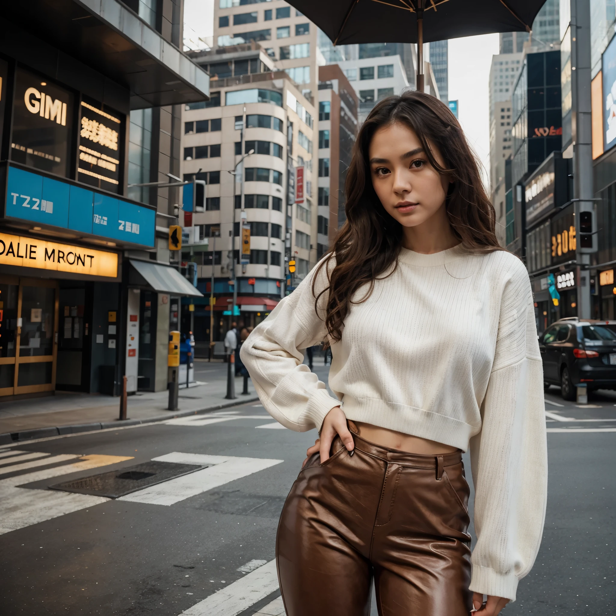 highly detailed stunningly gorgeous 25 year old Japanese woman in a all white sweater, brown coat and black leather pants , (big breast and buttocks: 0.5), pale skin, brown eyes, looking at the camera, walking in New York among giant skyscrapers and huge buildings , long curly hair, (perfect eyes:1.2), (perfect face:1.2), perfect hands, (perfect fingers:1.2), (perfect legs:0.5), (toned physique:1.2), high quality RAW photograph, hyper detailed, hyper realistic, amazing and beautiful, Hasselblad 35mm lens, ISO 400, face in frame, character centered in frame
