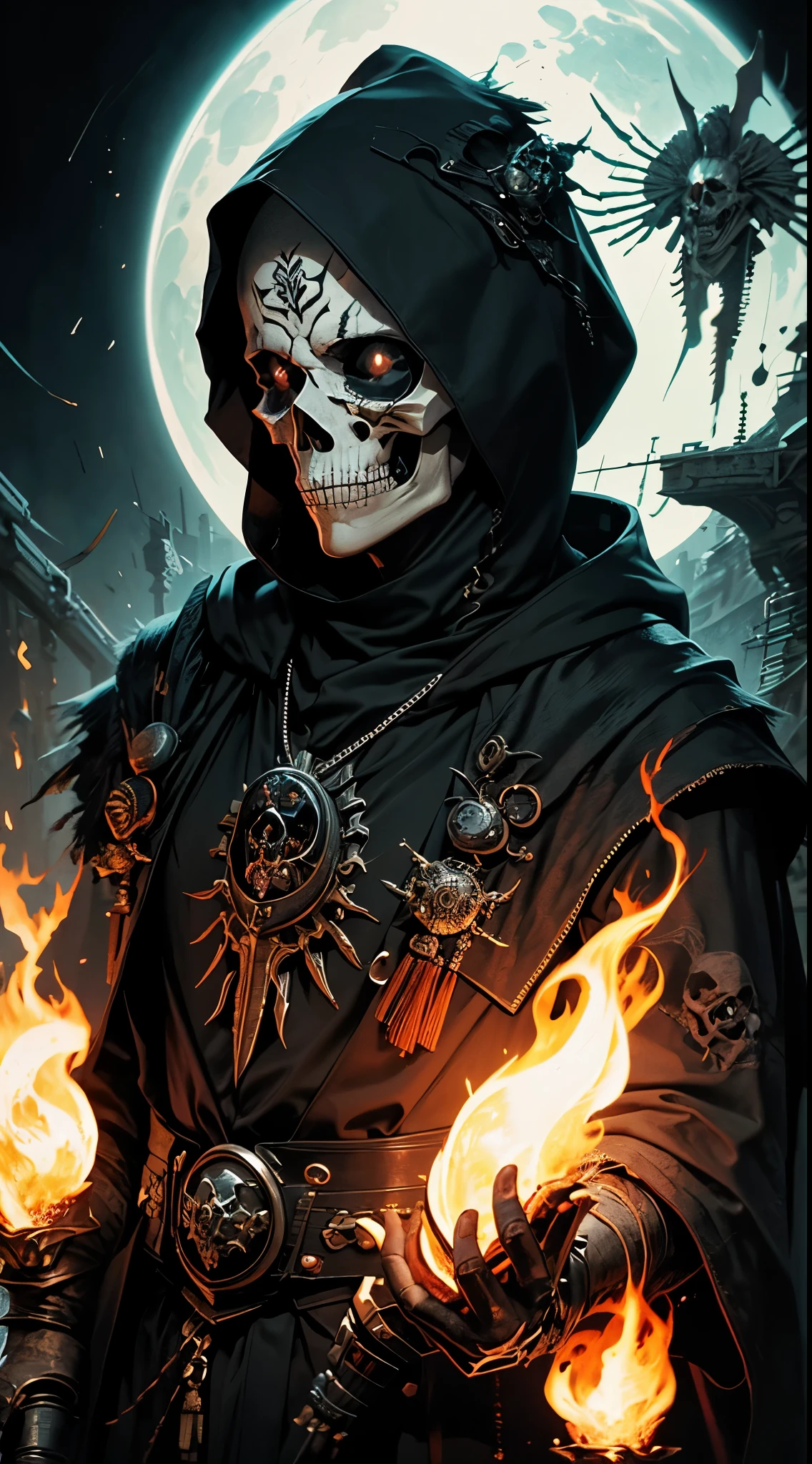 hood, skull, skeleton, solo, 1boy, male focus, fire, robe, hood up, cloak, upper body, copyright name, black background,skull face,skull tattoo on facezdeath,soul,soul reaper , holding a syth,syth welder