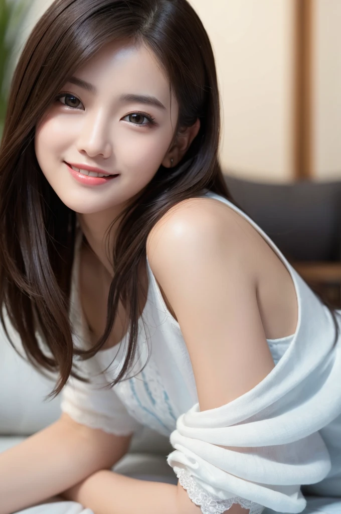 (8K、highest quality、masterpiece:1.2)、(realistic、フォトrealistic:1.37)、Super detailed、1 girl、Beautiful woman、cute、alone、(lazy smile:1.15)、(closed your mouth)、beautiful eyes、(length:1.2)、Upper body、