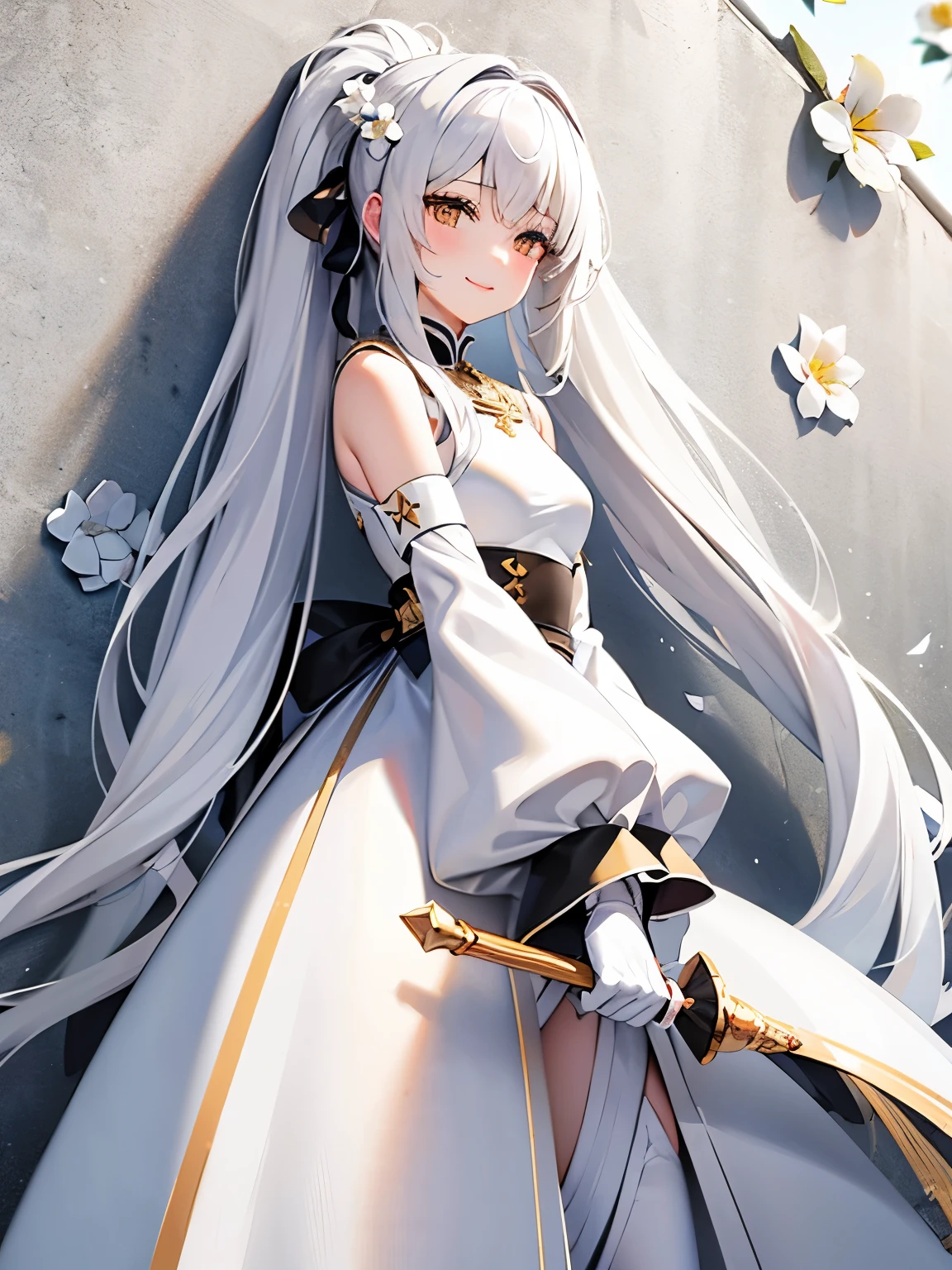 ((gray hair:1.2)),(fluffy long hair:1.3),(hair with volume:1.25),(big ribbon:1.3),(White eyes:1.4),(Eye size:1.5),(ponytail:1.3),((Knight:1.5)),(A background full of pure white flowers:1.5),((small breasts:1.2)),((color all White:1.5)),((close up of face:1.3)),(focus on face:1.2),((all white palace:1.5)),((flowers all over the wall:1.5)),(The background is out of focus:1.4),((standing with a gentle smile:1.3))