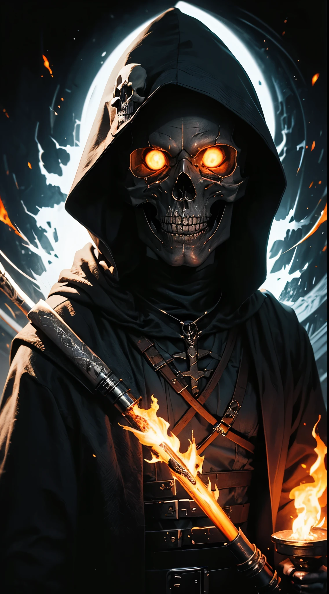 hood, skull, skeleton, solo, 1boy, male focus, fire, robe, hood up, cloak, upper body, copyright name, black background,skull face,skull tattoo on facezdeath,soul,soul reaper , holding a syth,syth welder