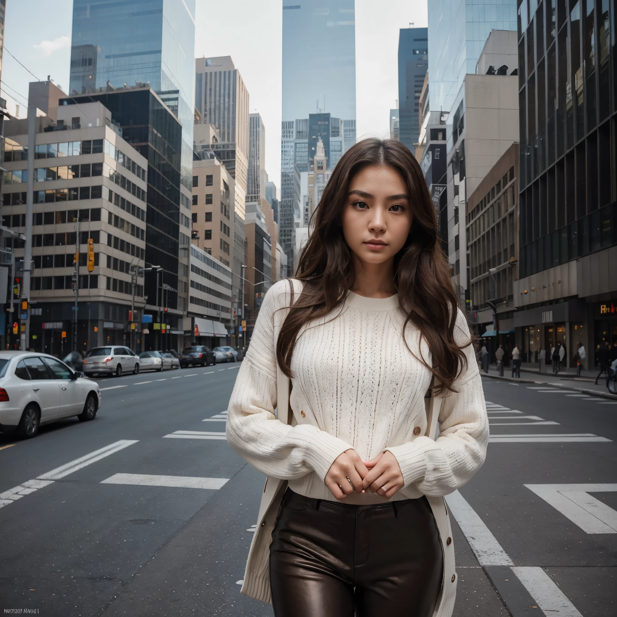 highly detailed stunningly gorgeous 25 year old Japanese woman in a all white sweater, brown coat and black leather pants , (big breast and buttocks: 0.6), pale skin, brown eyes, looking at the camera, walking in New York among giant skyscrapers and huge buildings , long curly hair, (perfect eyes:1.2), (perfect face:1.2), perfect hands, (perfect fingers:1.2), (perfect legs:0.5), (toned physique:1.2), high quality RAW photograph, hyper detailed, hyper realistic, amazing and beautiful, Hasselblad 35mm lens, ISO 400, face in frame, character centered in frame