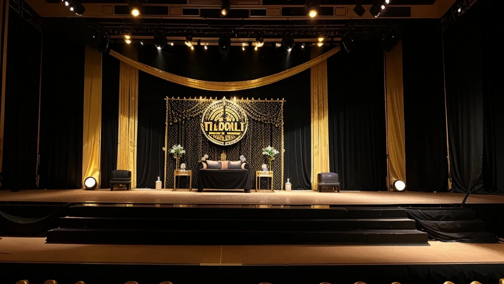 High school farewell stage with the theme Glamor Nusantara Simple with black and gold colors.