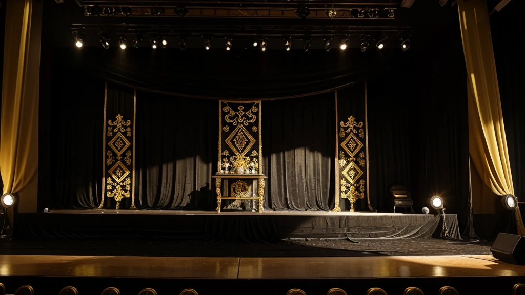 High school farewell stage with the theme Glamor Nusantara Simple with black and gold colors.