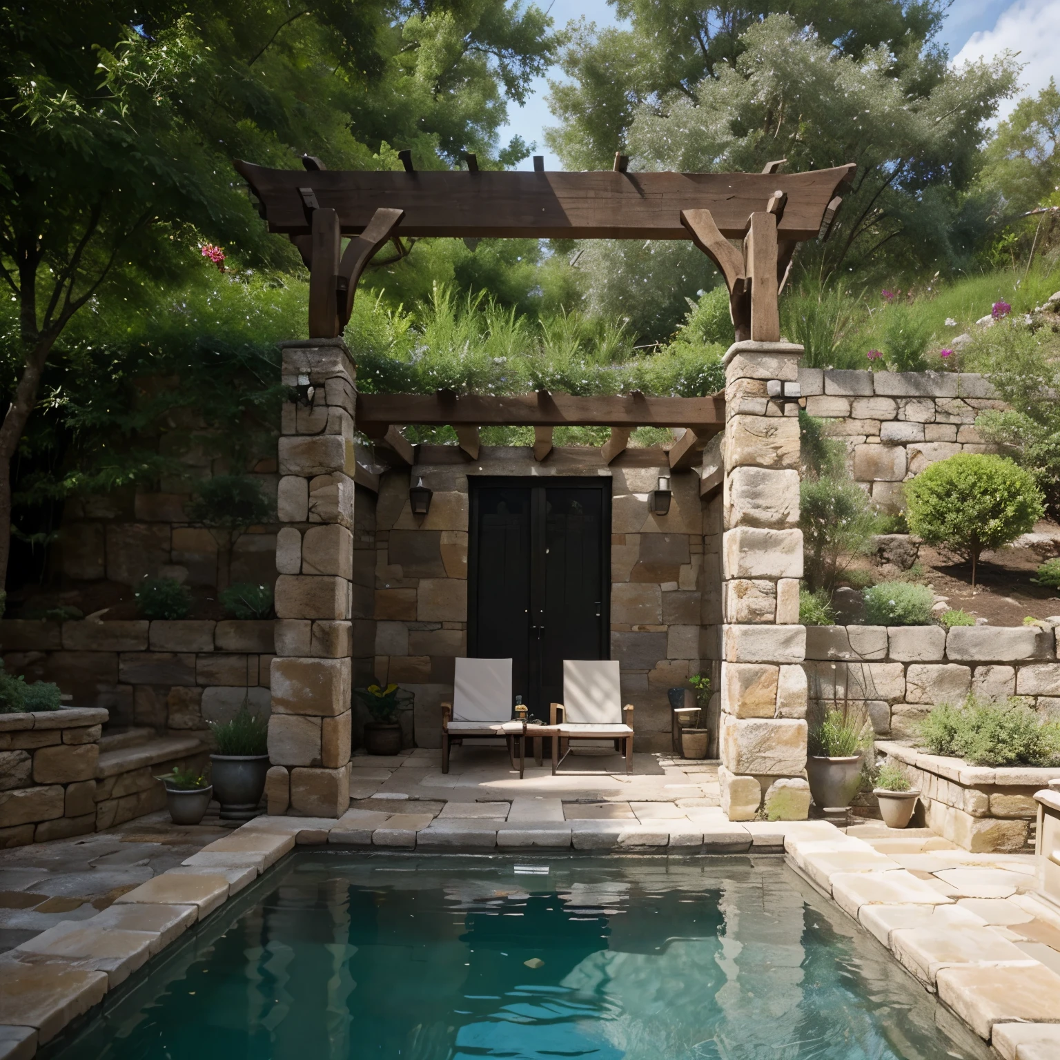 Biological pool next to a stone wall, com dec, like pergola.