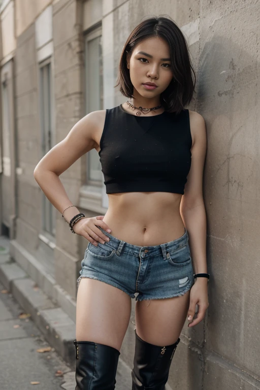 Dslr photo, (8k, 4k, masterpiece),beautiful pretty filipina asian woman, (punk), (edgy), outdoors, street, sleeveless black sleeveless cropped shirt, torn sleeves, denim shorts, short dark hair, bracelets, arm bands, blurry background, (hands on hips), (elbows out), boots, full subject in frame, full body view, slim body, muscular female, leaning against wall, tough