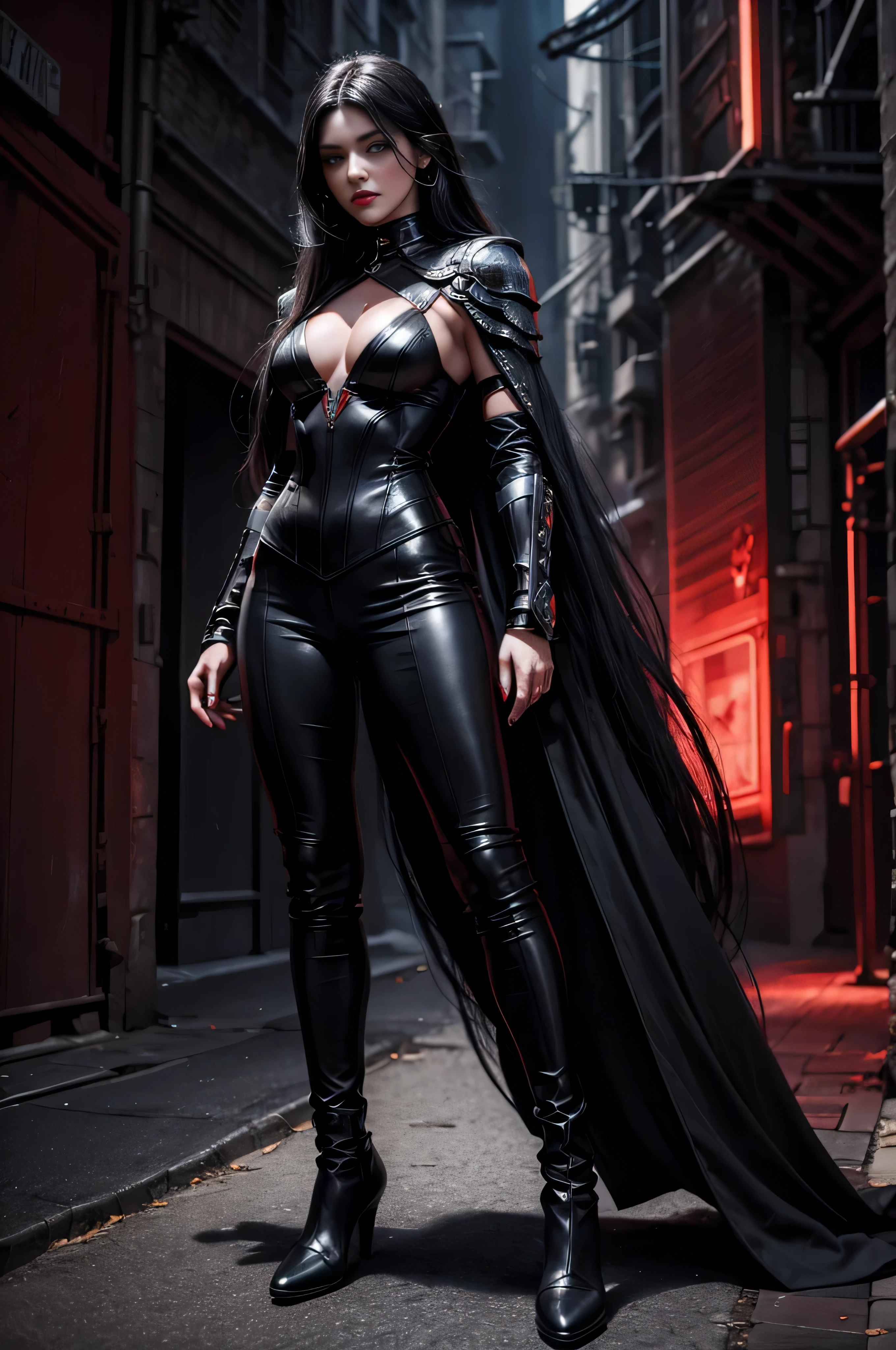 full body Renaissance sci - fi full body dark warrior girl long blck hair black eyes,  red lips leather amor 8k UHD