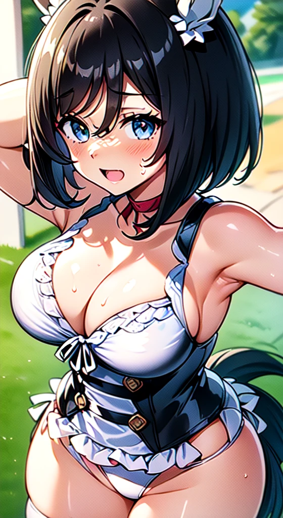 (perfect body),highest quality,Highest image quality,(8K portrait),(anime screen cap)、blush,Sweat,((big breasts))、((bob cut)),(thick thighs),((((white micro bikini))))、white knee socks、Uma Musume、horse ears、horse tail((laughter))、cowboy shot、show teeth、(((put your hands behind your head)))、((armpit))、((leaning forward))、