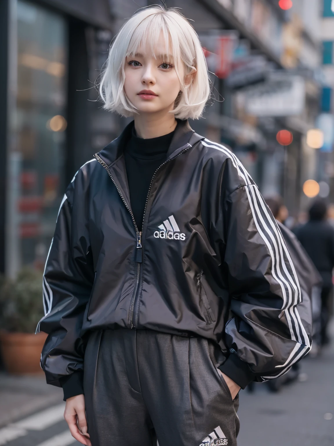 wearing adidas black track jacket, wearing big workpants, kawaii, Bewitching eyes, well-balanced eyes, //street snap //fashion model posing, ((facing viewer)), //at the street, //japanese lady, pale skin, //short hair, white hair, //((standing)), high quality:1.3, Professional lighting:2.0 realistic:1.2, 4k resolution, detailed skin, masterpiece:1.1, big breasts, fullbody,