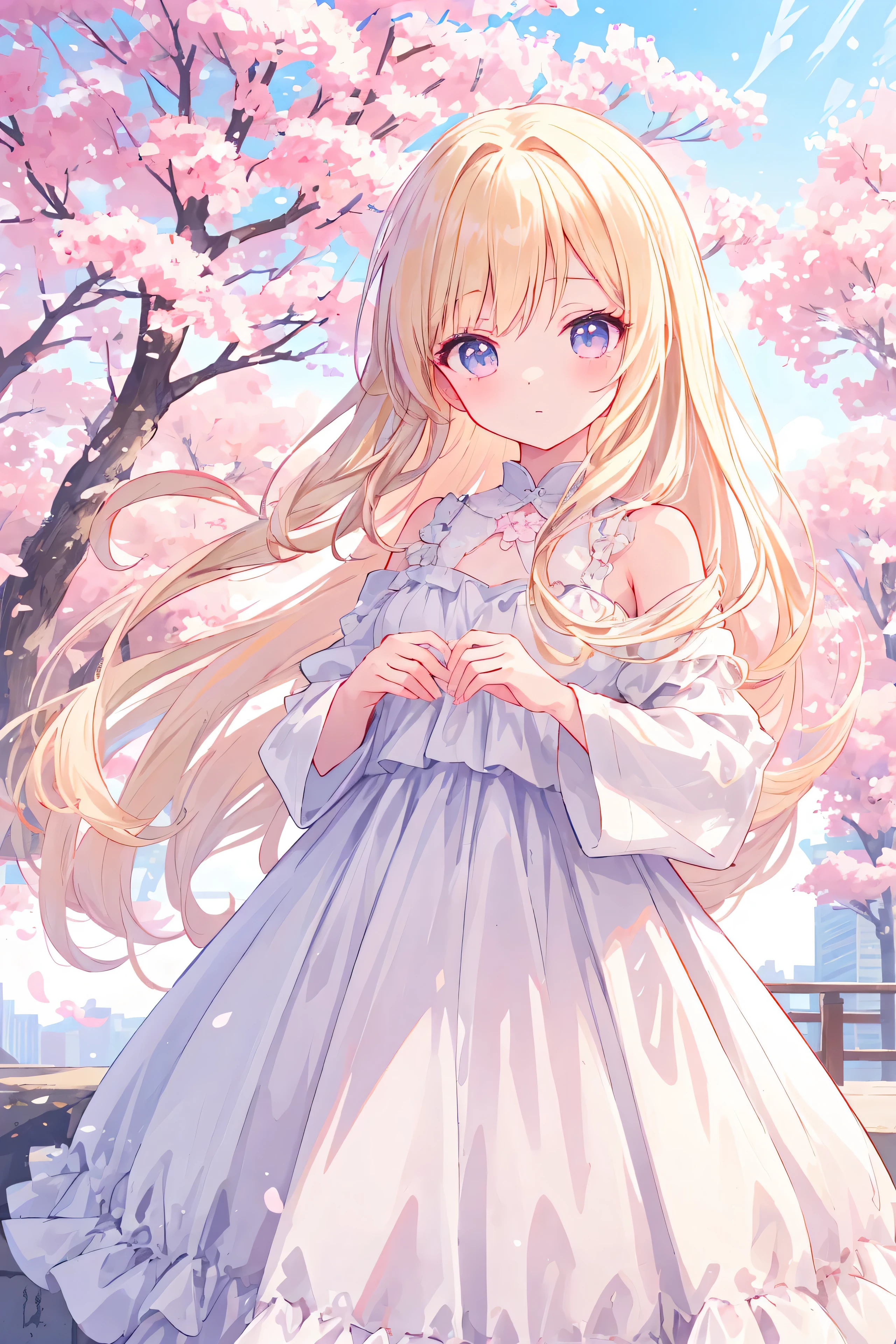 animated girl, longs cheveux blancs, yeux blonds pastel, dans une belle robe blanche, Looking at the camera, avec un beau fond d'une ville avec des sakura, bonne anatomie, 8K, high resolution