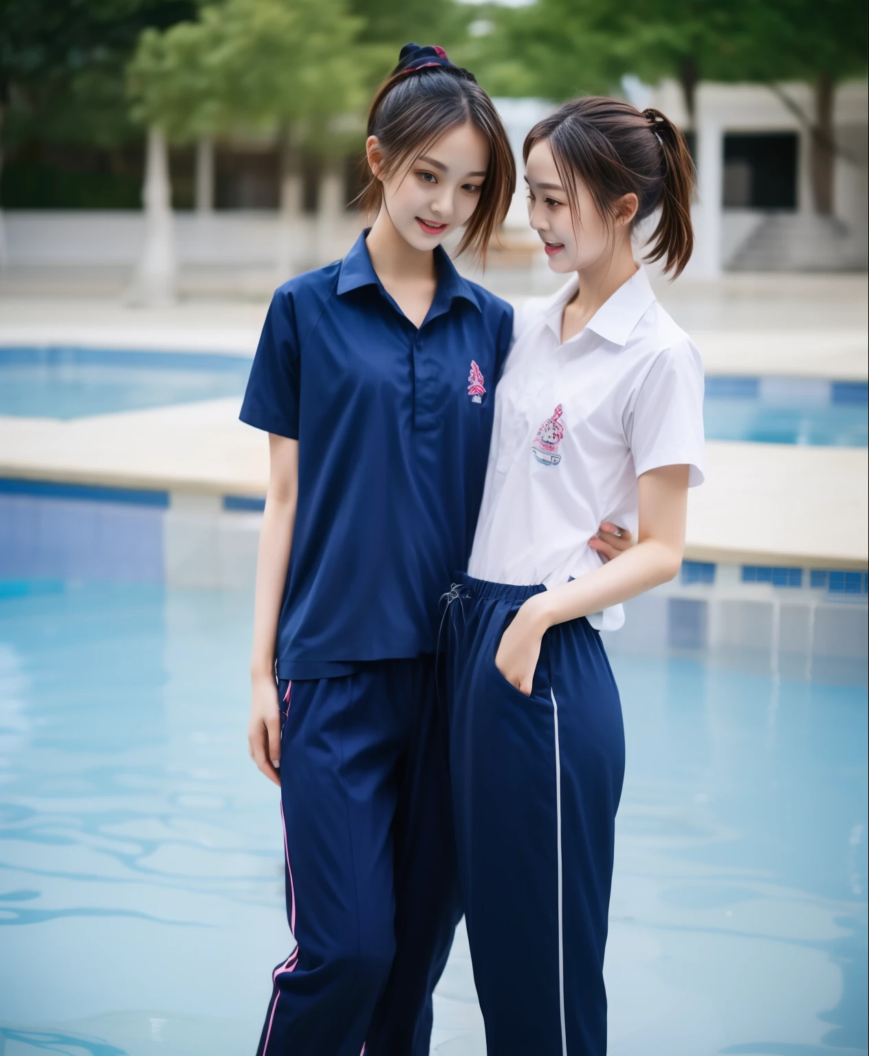 2 girls in the swimming pool, Navy blue short-sleeved shirt,Navy Long Trackpant,Sweatpants, Sweatpantsขายาว,25 year old girl, lesbian, sexy, exercise clothes, wet body