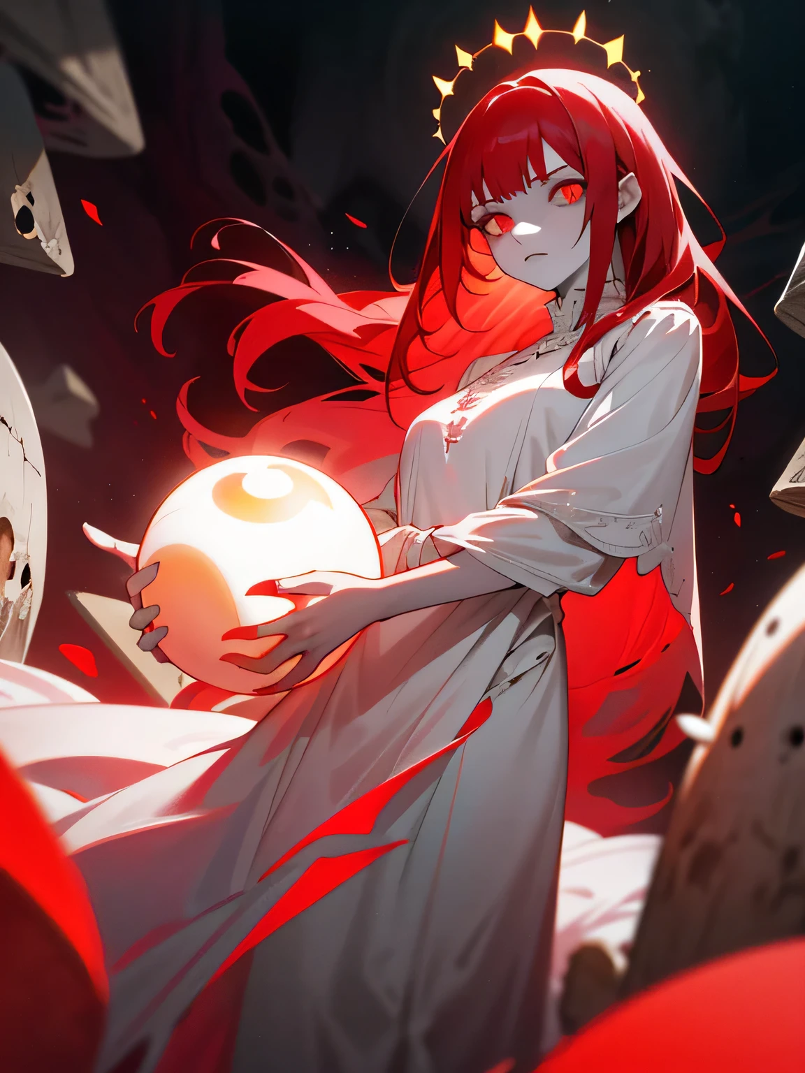 (((horror art))), ((dark art)), gloomy goddess, Dark Deity, pale pink skin, red glowing eyes, (long white and red hair), long pale pink dress, yellow halo, hanging stones, holds the planet in his hands, Black empty space background, very detailed art, very detailed background