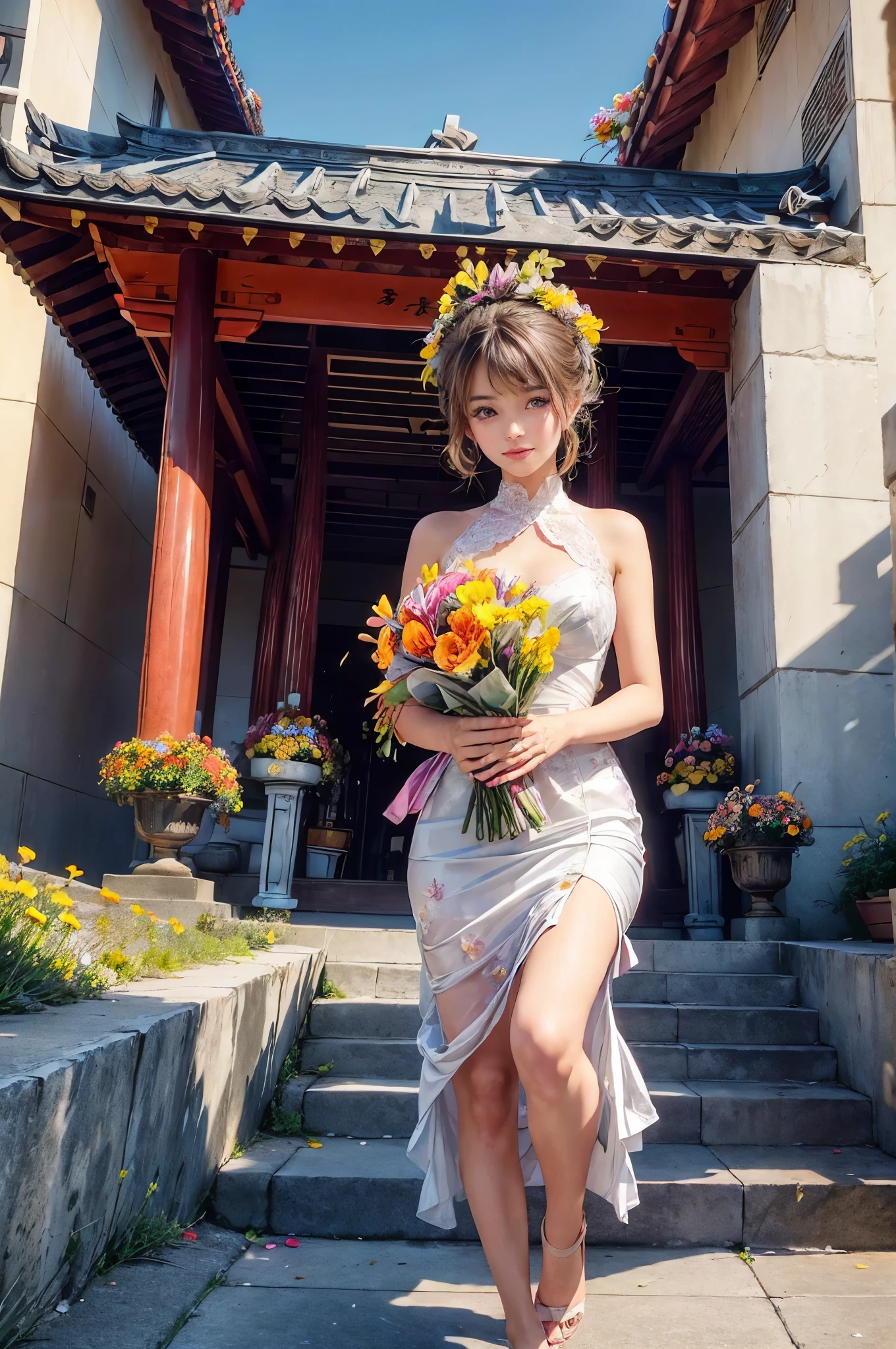 Shortcut Beauty、Perfect and detailed feet、 (Pick up a bouquet of colorful flowers:1.4)In front of a luxurious temple