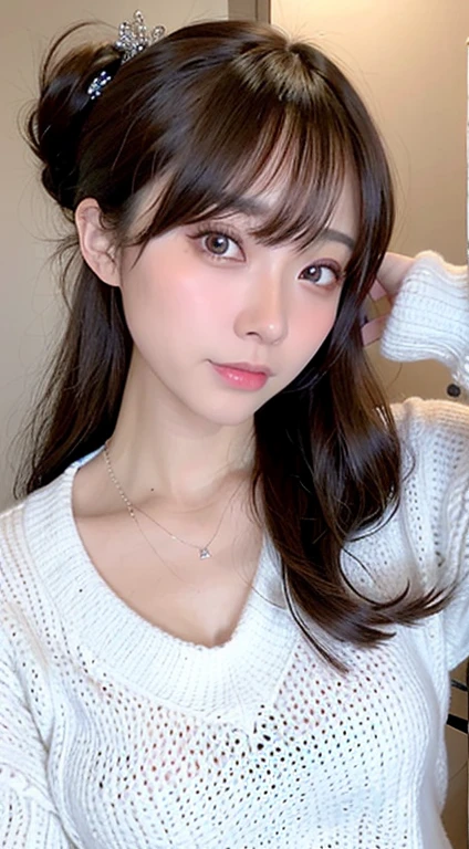 (highest quality、8K、32K、masterpiece、Photoreal:1.4、nffsw:1.2)、photo of cute japanese woman、big breasts:1.4、Brown hair in a ponytail、Upper body、surface focus、extra large size_sweater、necklace、simple background、From above、looking at the viewer、cleavage:1.5、balanced body、In underwear