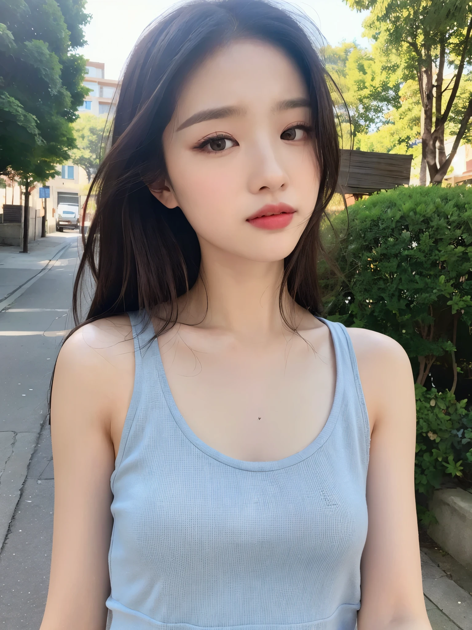 ((Best quality, 8K, Masterpiece :1.3)), Sharp focus :1.2, perfect figure beautiful woman:1.4, Slim abs:1.2, ((Layered Hair Style, mischievous expression:1.2)), (Tank top shirt:1.1 ), (the street:1.2), Highly detailed facial and skin texture, 詳細な目, 二重まぶた，Keep one's mouth shut，