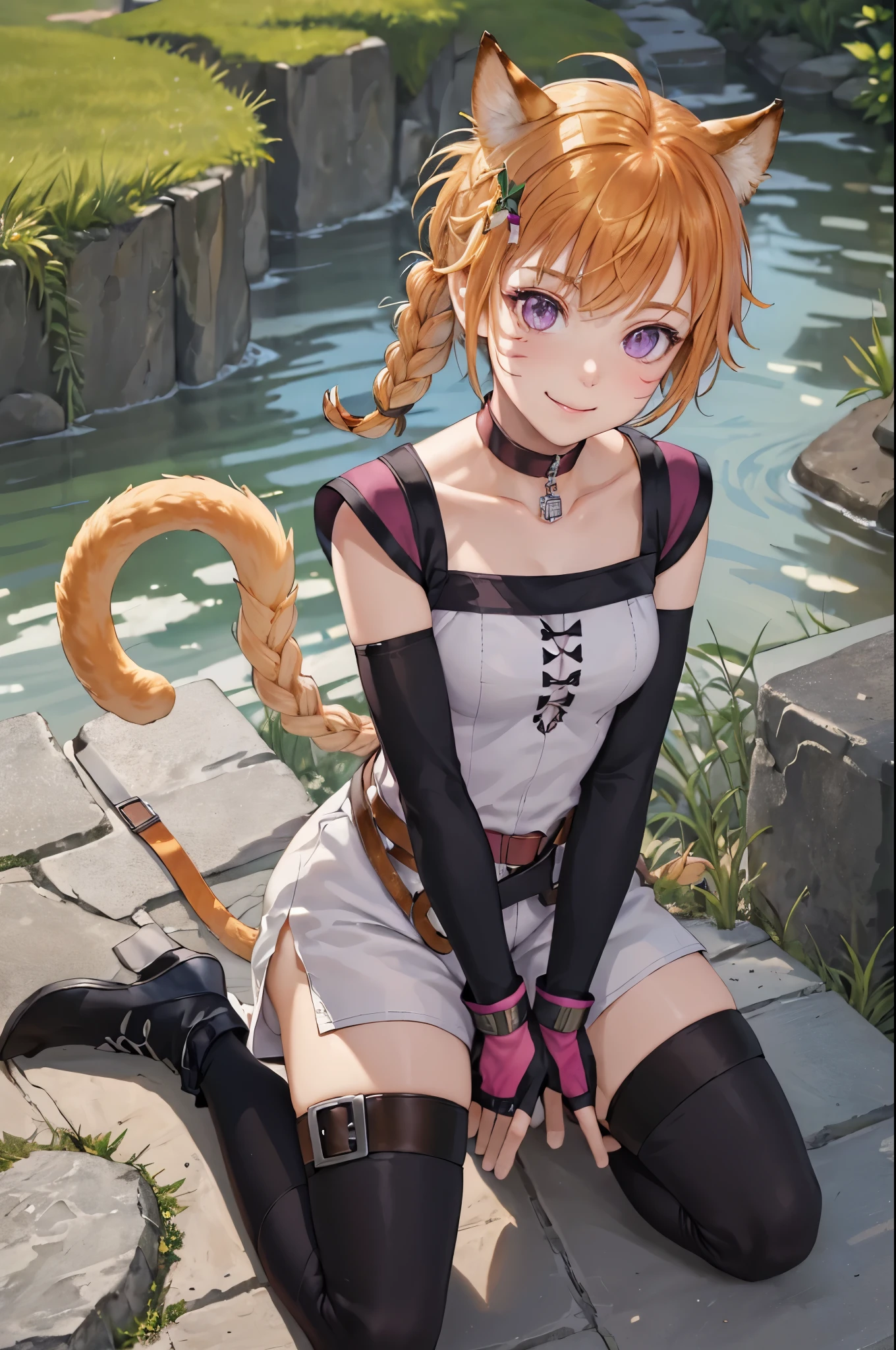 masterpiece,best quality,  def_lyre,white shorts, catpaw hand pose, single braid, facial mark,side slit shorts, cat tail, gloves, brown belt, black thighhighs, fingerless gloves, short sleeves, smile, looking at viewer, pink gloves,detached sleeves, collarbone, shirt, black sleeves, belt buckle, ankle boots, choker, (masterpiece, best quality, ultra-detailed, best shadow)