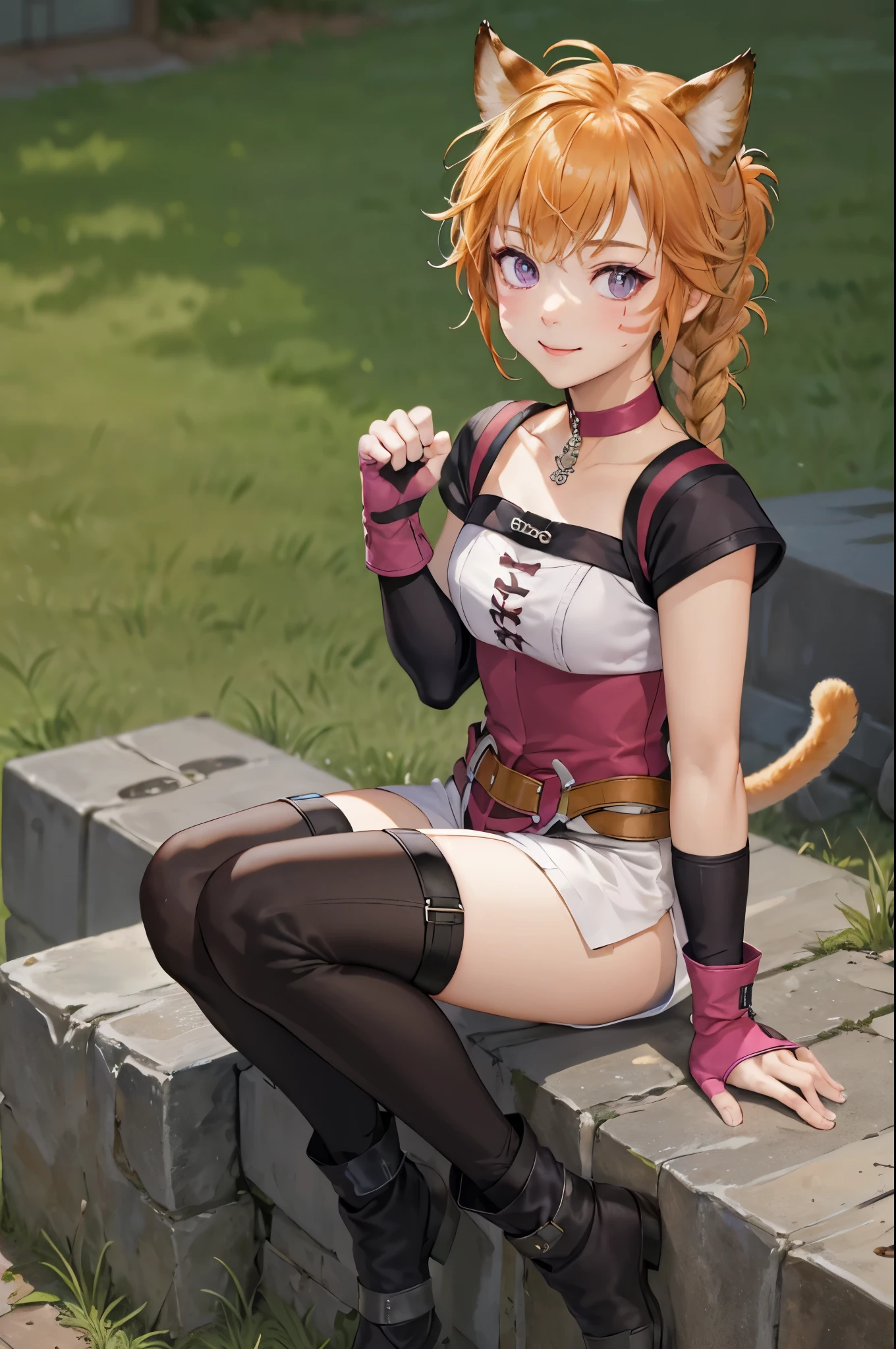 masterpiece,best quality,  def_lyre,white shorts, catpaw hand pose, single braid, facial mark,side slit shorts, cat tail, gloves, brown belt, black thighhighs, fingerless gloves, short sleeves, smile, looking at viewer, pink gloves,detached sleeves, collarbone, shirt, black sleeves, belt buckle, ankle boots, choker, (masterpiece, best quality, ultra-detailed, best shadow)