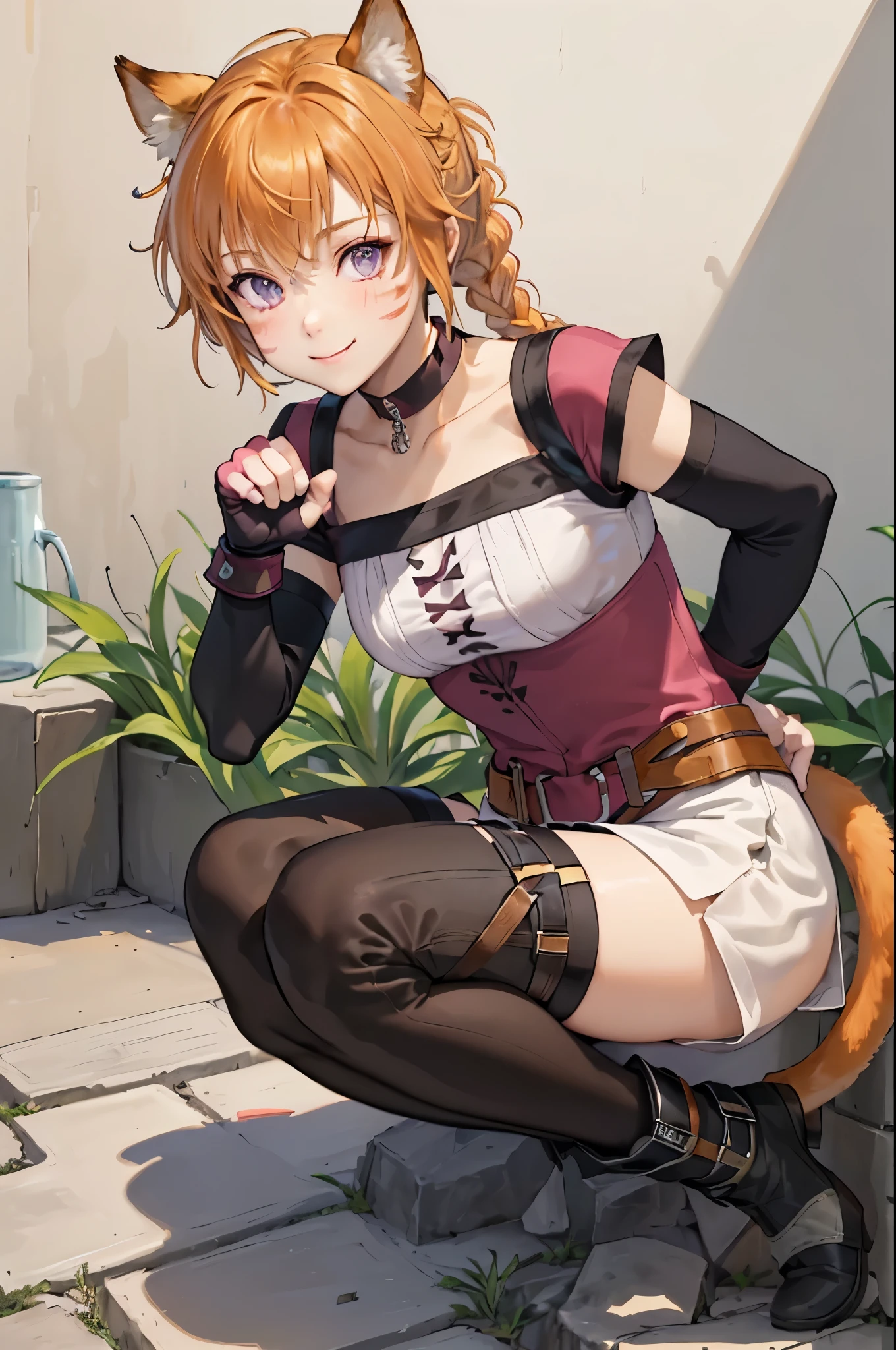 masterpiece,best quality,  def_lyre,white shorts, catpaw hand pose, single braid, facial mark,side slit shorts, cat tail, gloves, brown belt, black thighhighs, fingerless gloves, short sleeves, smile, looking at viewer, pink gloves,detached sleeves, collarbone, shirt, black sleeves, belt buckle, ankle boots, choker, (masterpiece, best quality, ultra-detailed, best shadow)