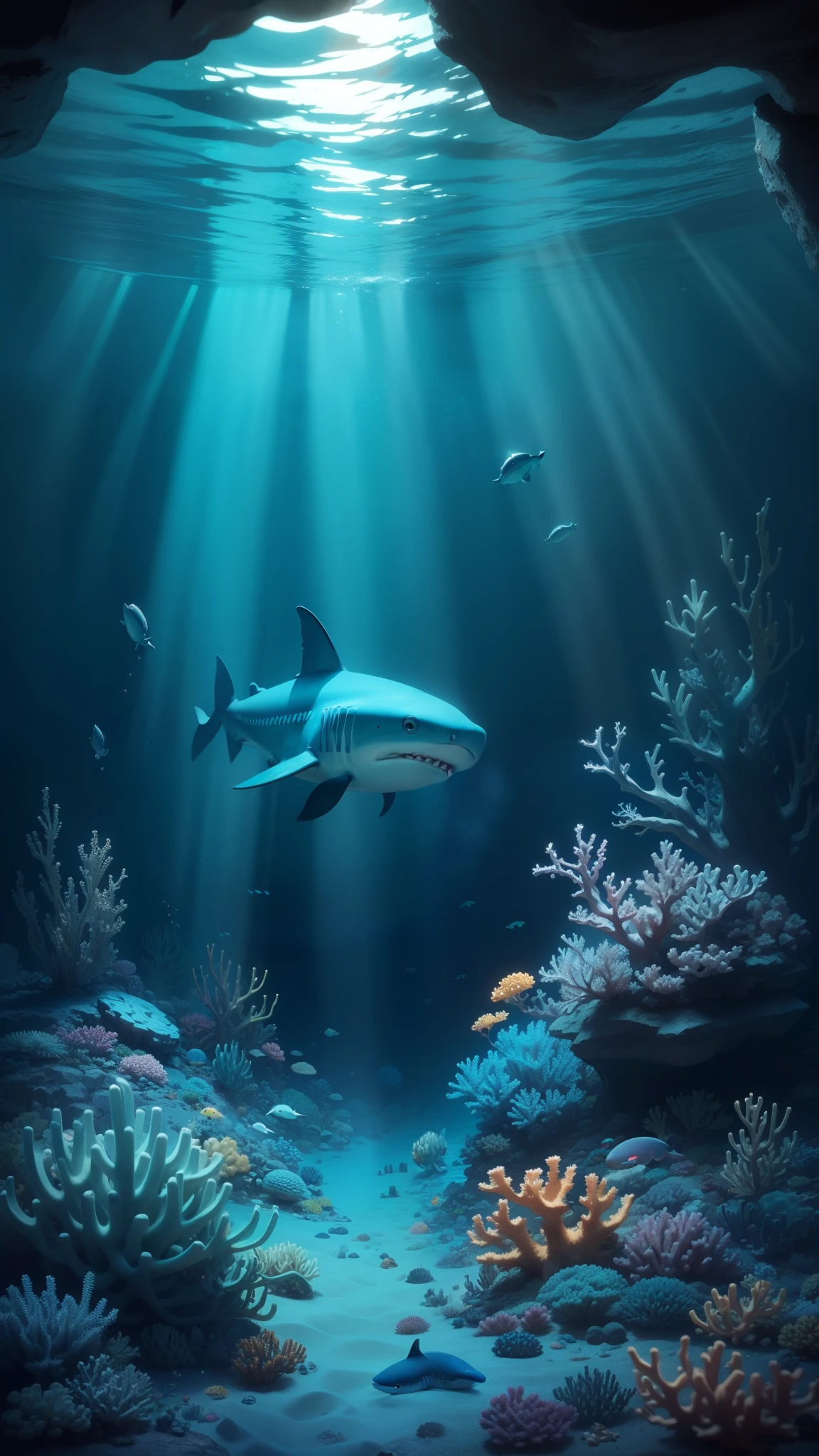 underwater landscape, deepwater, blue, Highest definition, many details, coloridos, coral, Very cute shark，Pixar style, 