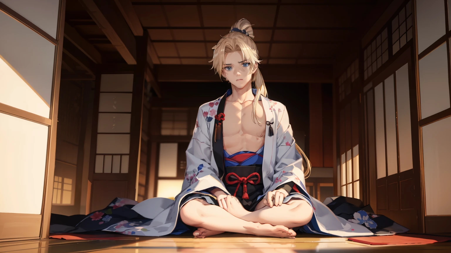 1boy,Masculinity,blond hair,ponytail,blue eyes,no bra,A Japanese-style room,late at night,alone,kimono,Sitting