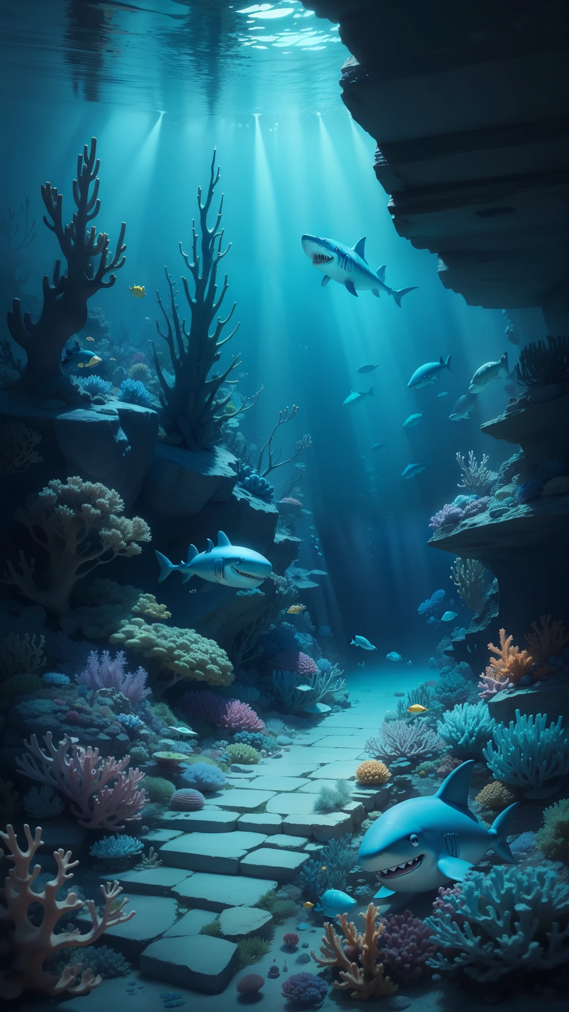 underwater landscape, deepwater, blue, Highest definition, many details, coloridos, coral, Very cute shark，Pixar style, 