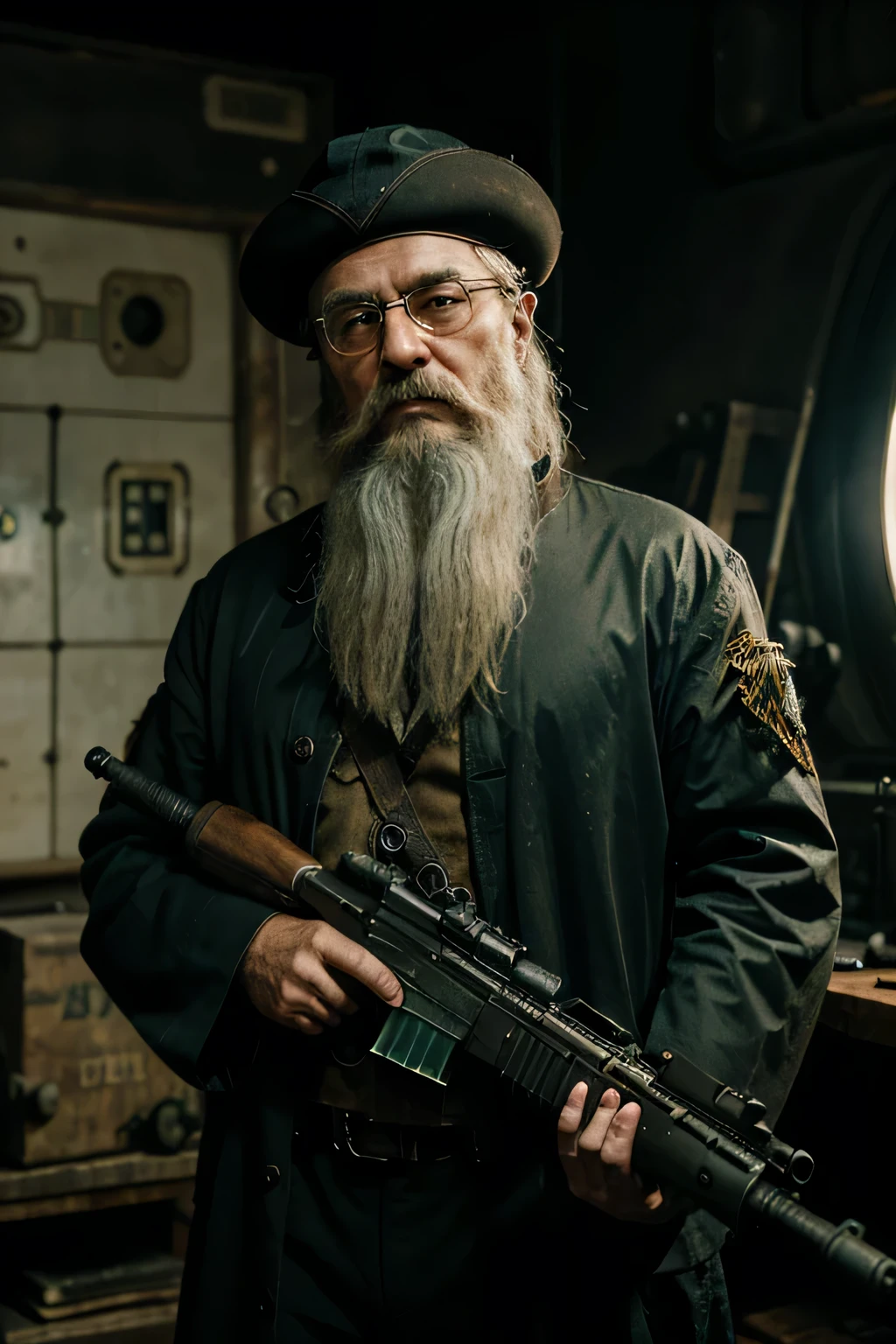 wizard, old_wizard, aged, unkempt_beard, mechanical_augments, glass_monocle, single_monocle_in_left_eye, holding_scifi_rifle, rifle_glowing_green, gauss_rifle, scifi_rifle, plasma_rifle, energy_rifle, wizard_fighting_dozen_knights, wizard_firing_scifi_gun