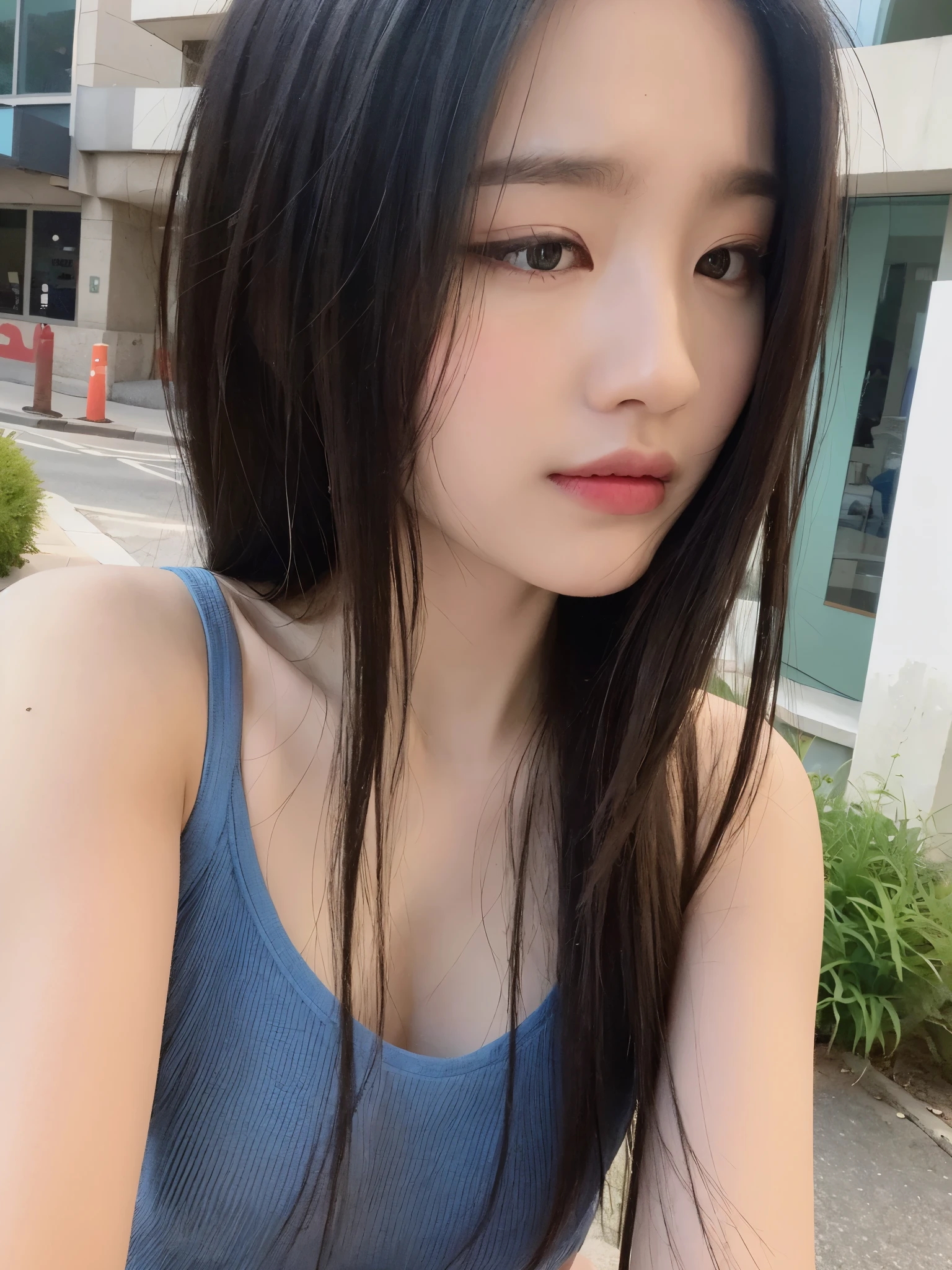 ((Best quality, 8K, Masterpiece :1.3)), Sharp focus :1.2, perfect figure beautiful woman:1.4, Slim abs:1.2, ((Layered Hair Style, mischievous expression:1.2)), (Tank top shirt:1.1 ), (the street:1.2), Highly detailed facial and skin texture, 詳細な目, 二重まぶた,Keep one's mouth shut,