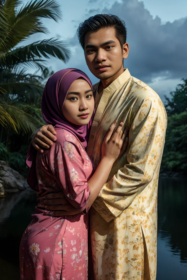 (masutepiece), (Best Quality), Realistic, Photorealism, 1 matured malay men 30 years oldin office suit,hugging young malay girl in hijab wearing floral baju kurung  20 - 23 years old, malay men hand on girl shoulder, nighttime, beautiful girl with beautiful perfect body, location: beautiful tropical river, professional photography, bright lighting, 28mm lens, Establishing shot, deep focus cinematography effect, Natural Lighting, pastel color grading, high quality, ultra detail, 8k resolution,